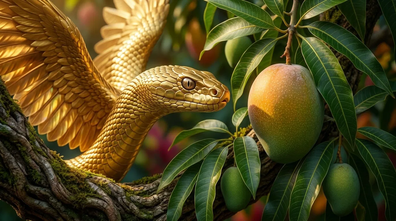 Golden Serpent Beside a Mango Fruit