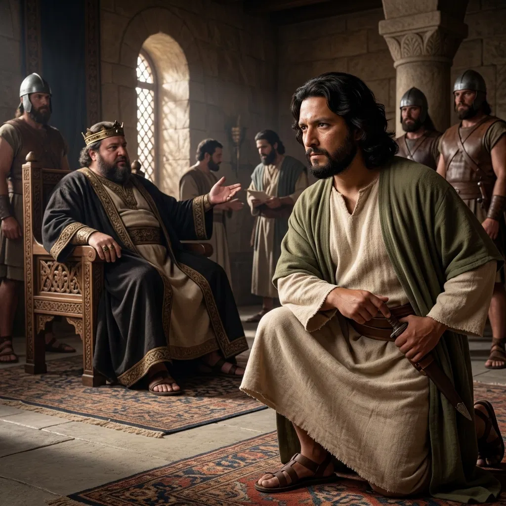 Ehud Kneels Before King Eglon With a Hidden Dagger