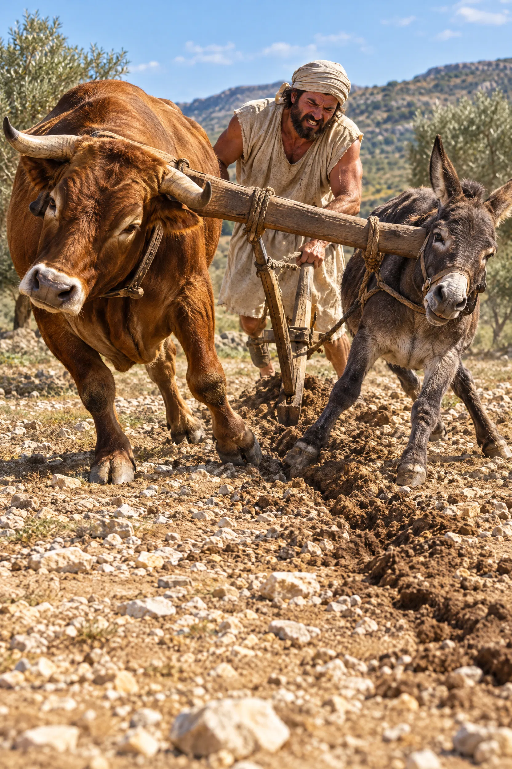 Farmer Plowing with an Ox and Donkey Yoked Together