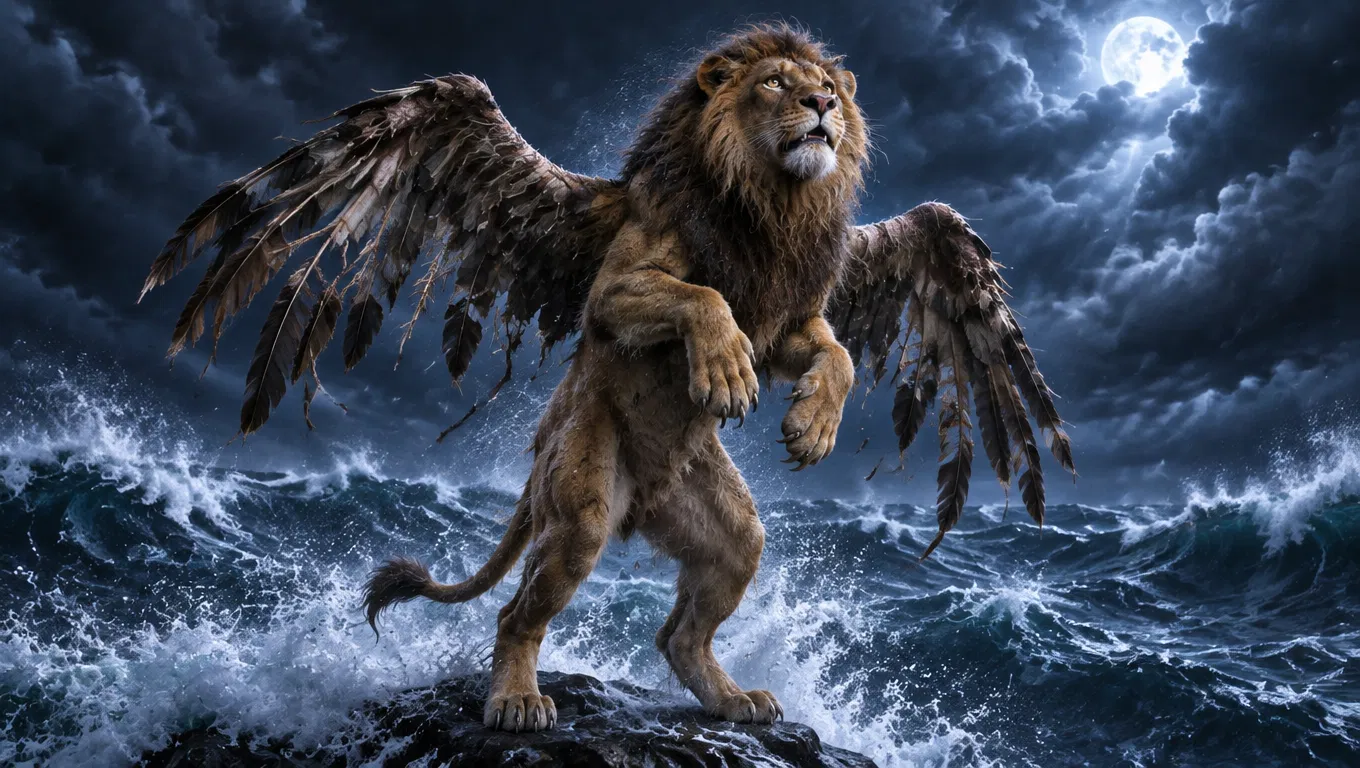 Winged Lion on a Rock in the Sea