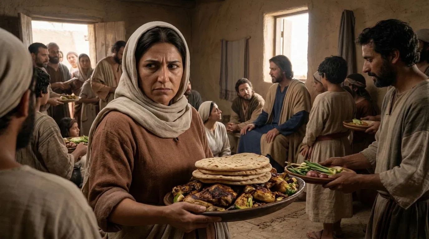 Martha Carries Food While Jesus Teaches in the House