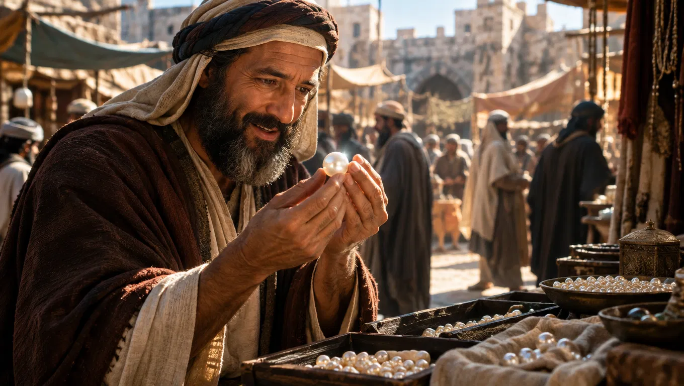 Merchant Examines a Pearl in a Market