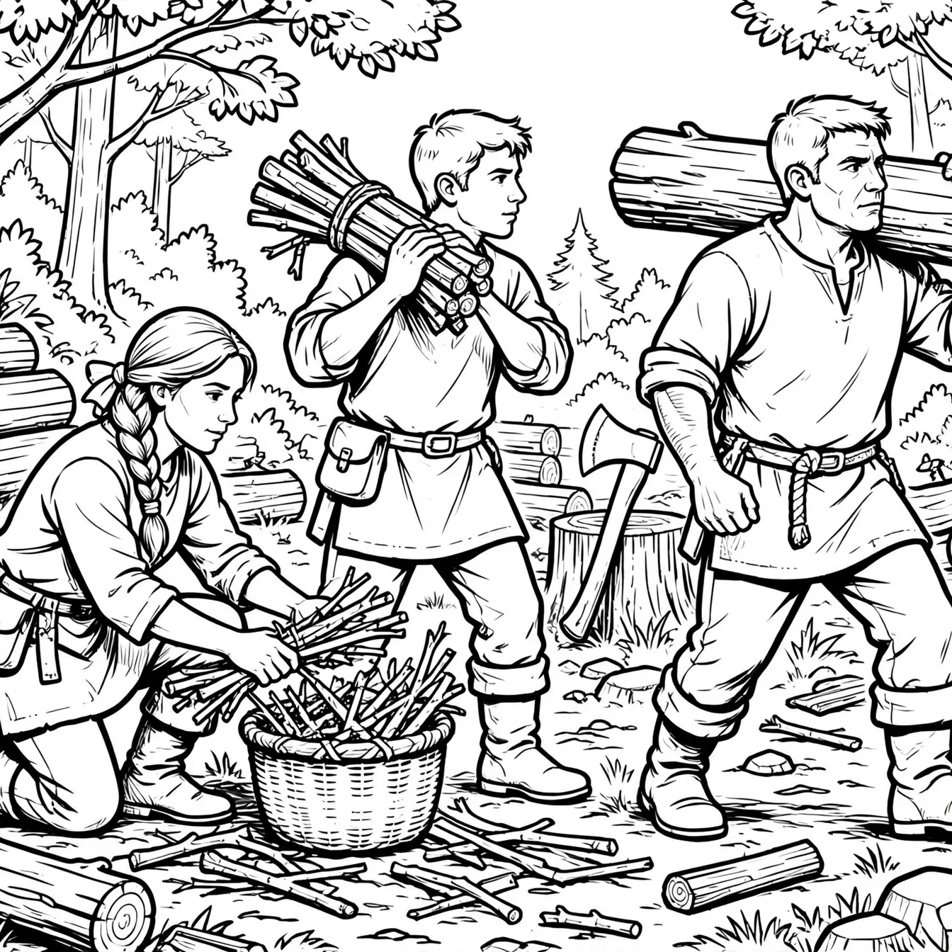 Three Companions Gathering Timber Together