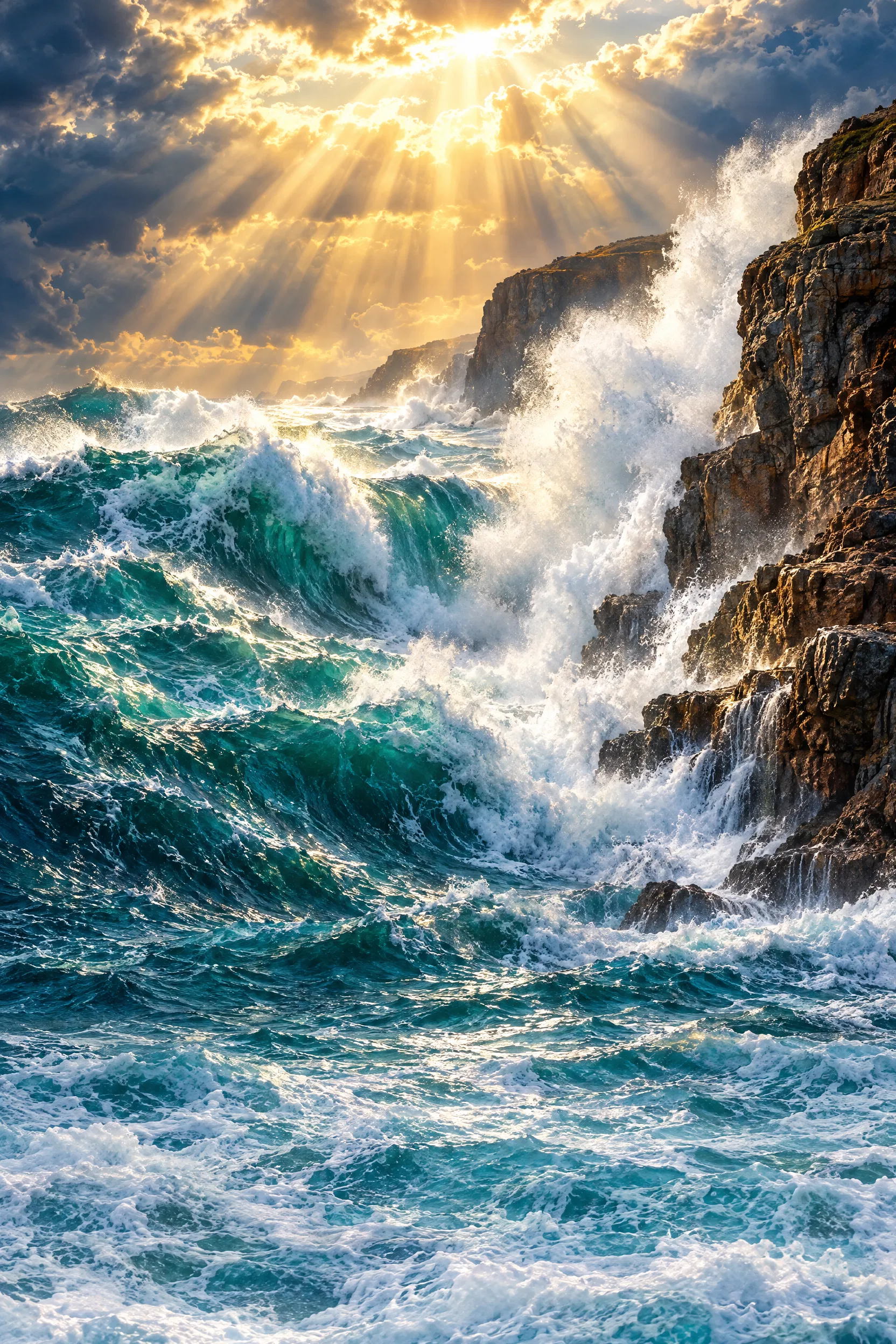 Great Waves Crash Against Coastal Cliffs Under Sunbeams