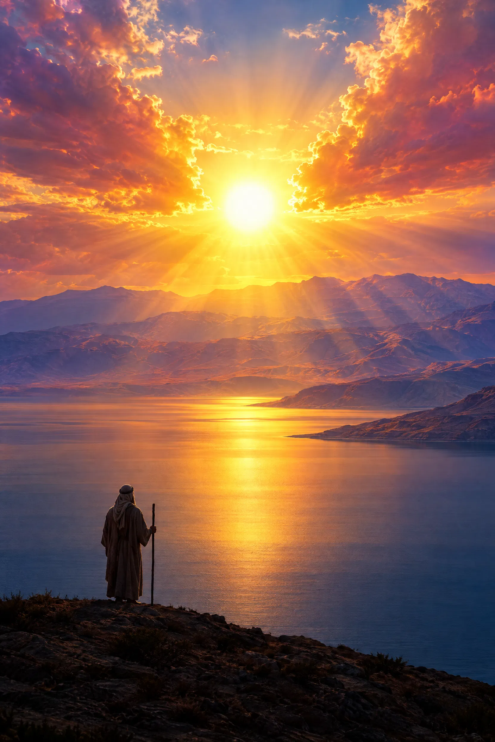 Sunrise over the Dead Sea with a Shepherd