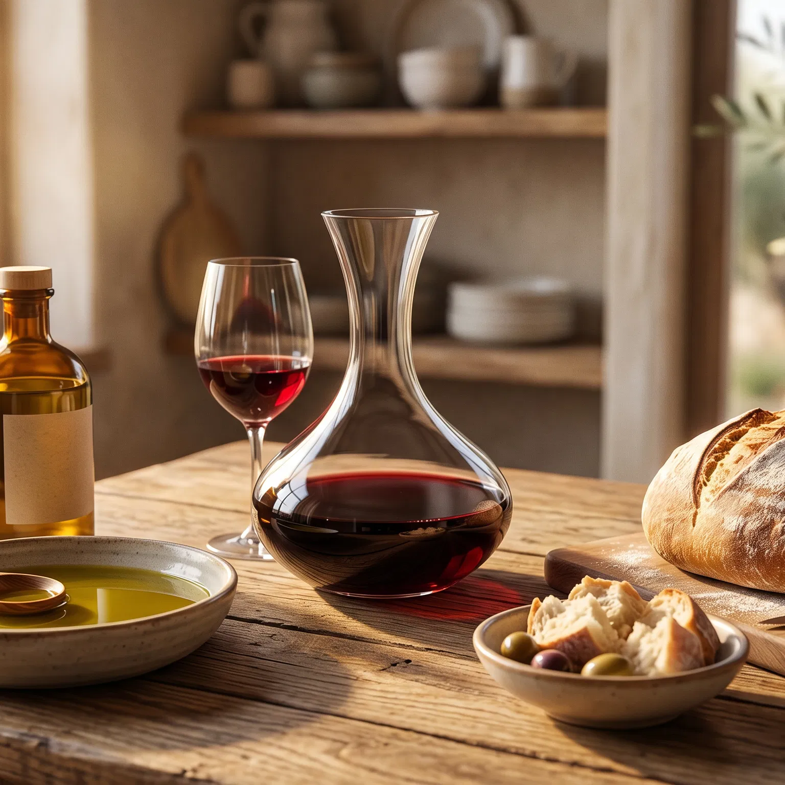 Wine, Oil and Bread on a Wooden Table