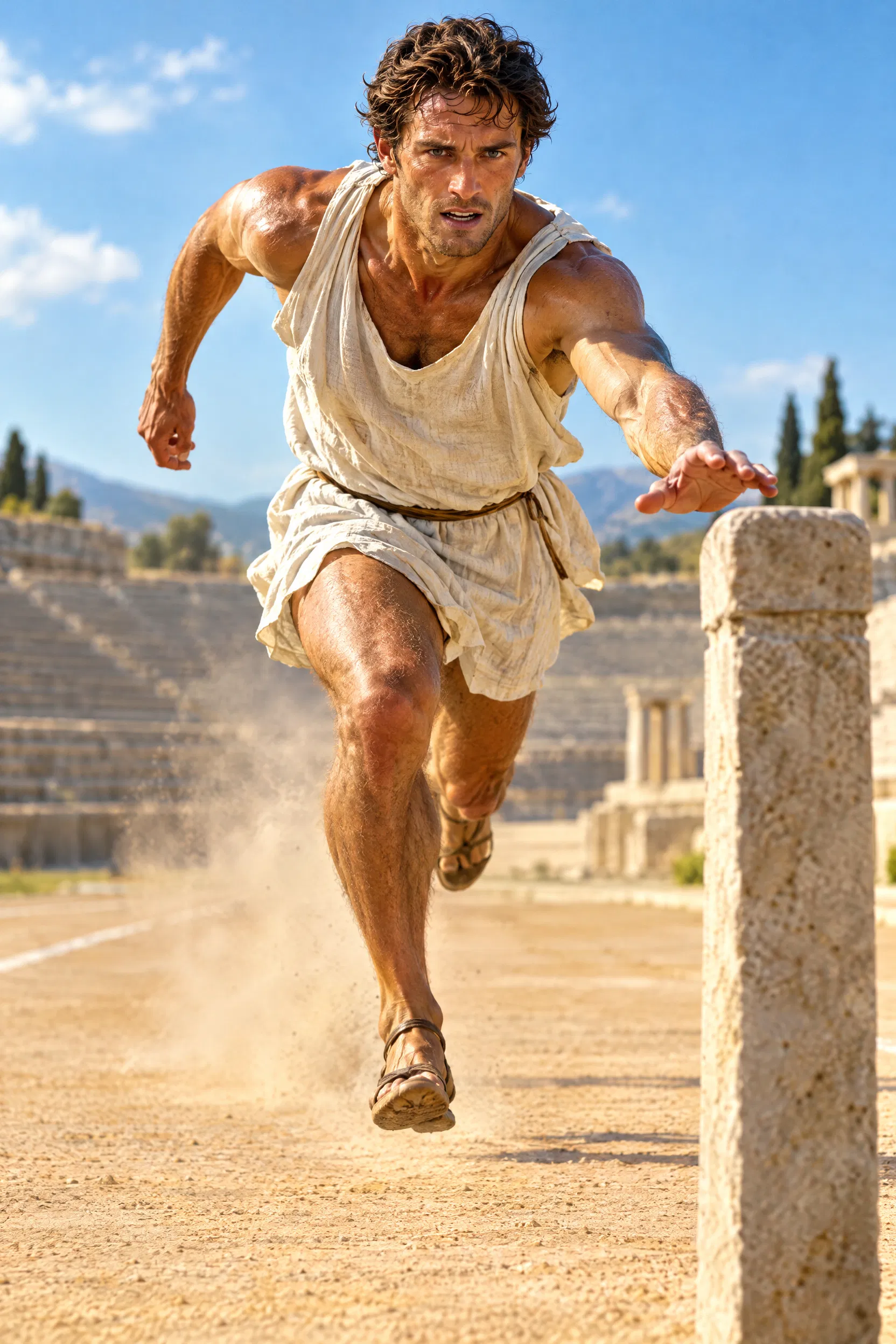 A Runner Strains Toward the Finish Post