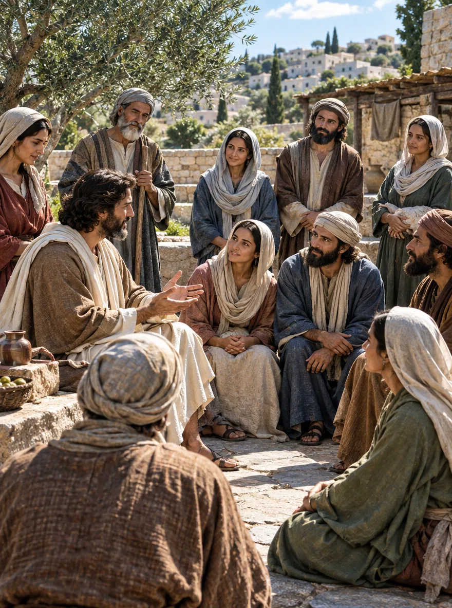 People Gathered Around a Teacher in a Village