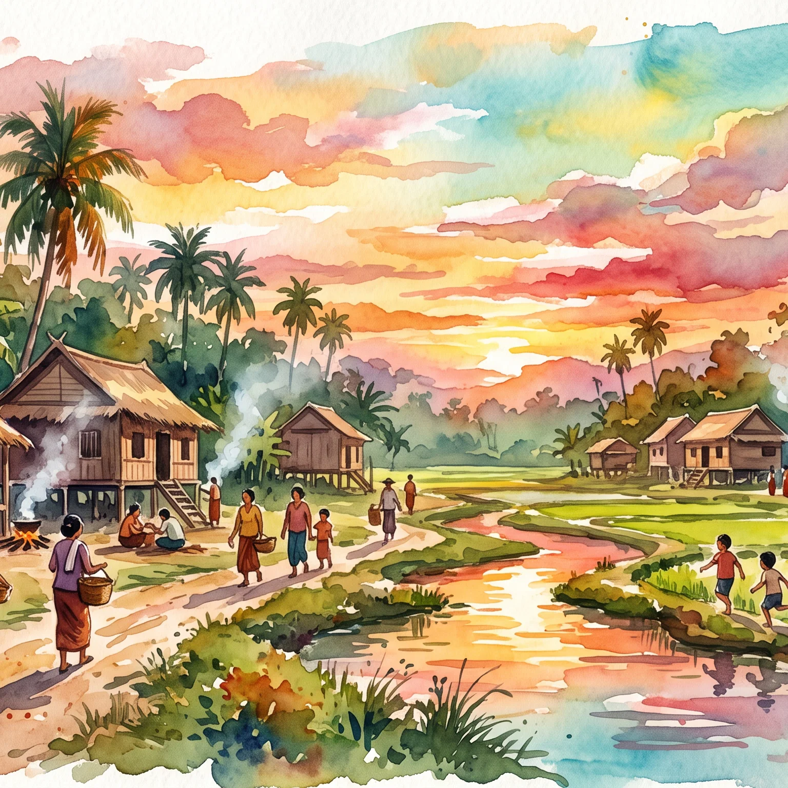 Golden Dusk in a Cambodian Village