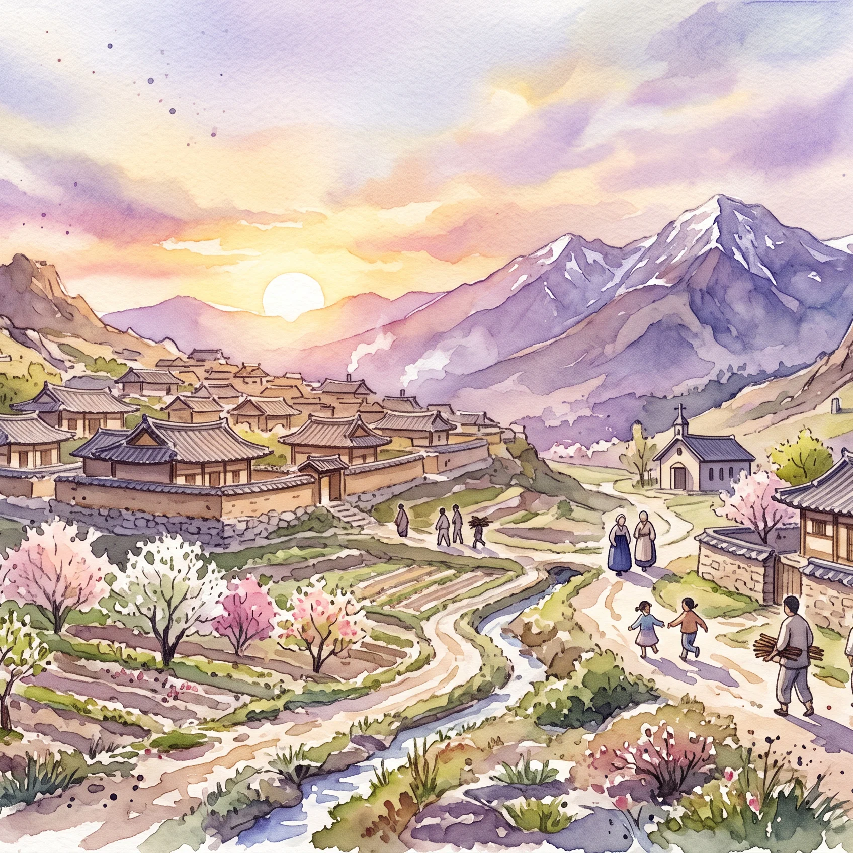 Golden Dusk Over Traditional Korean Hamlet