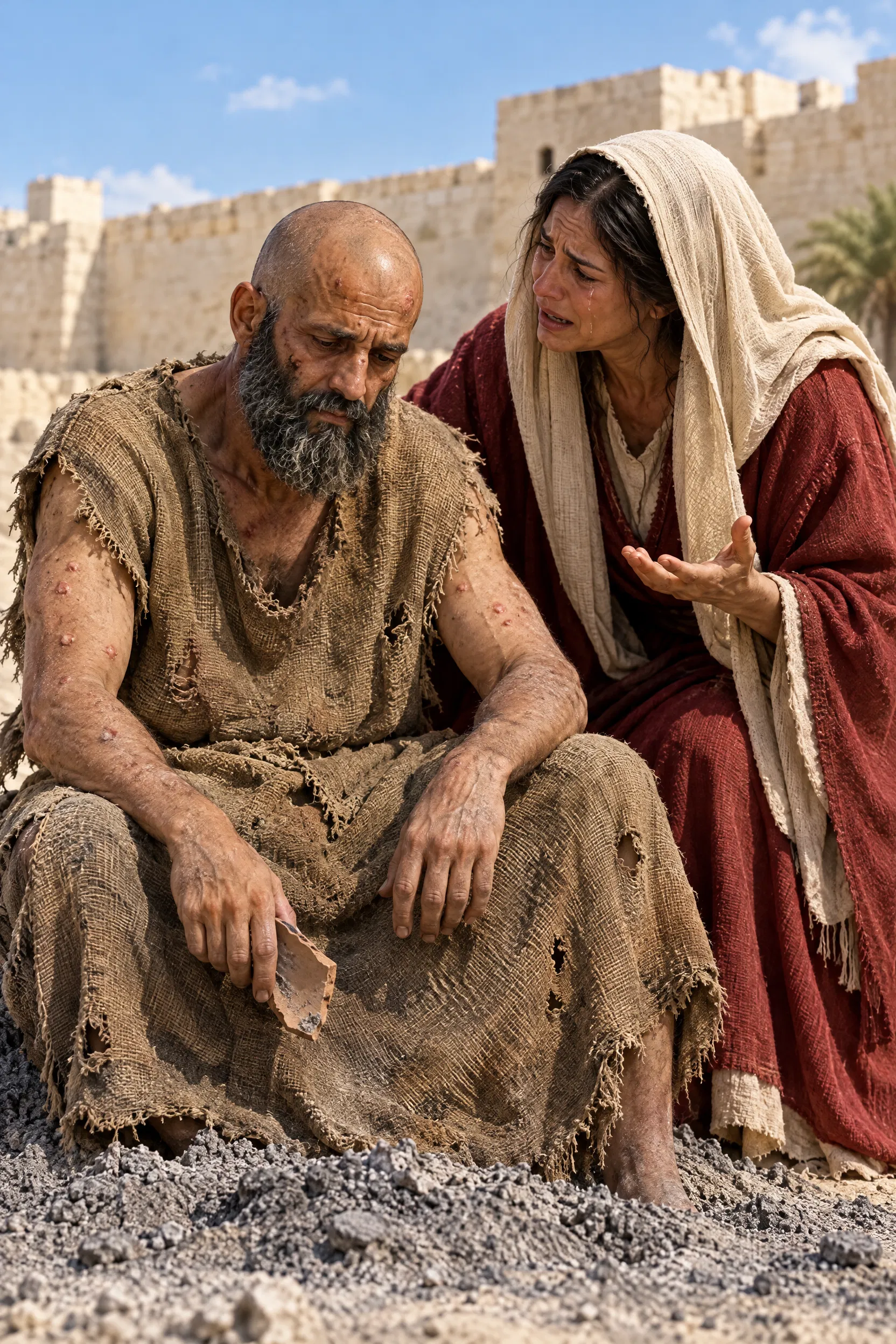 Job Sits in Ashes as His Wife Pleads
