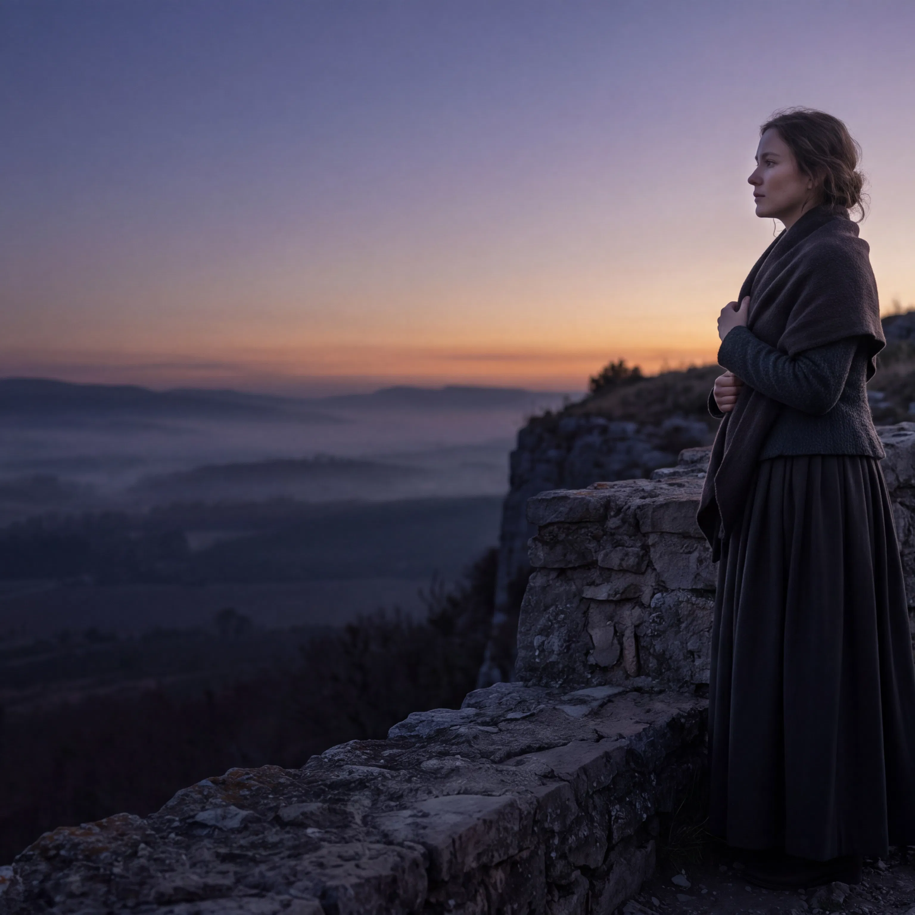 Woman Watching for Dawn From a Stone Wall