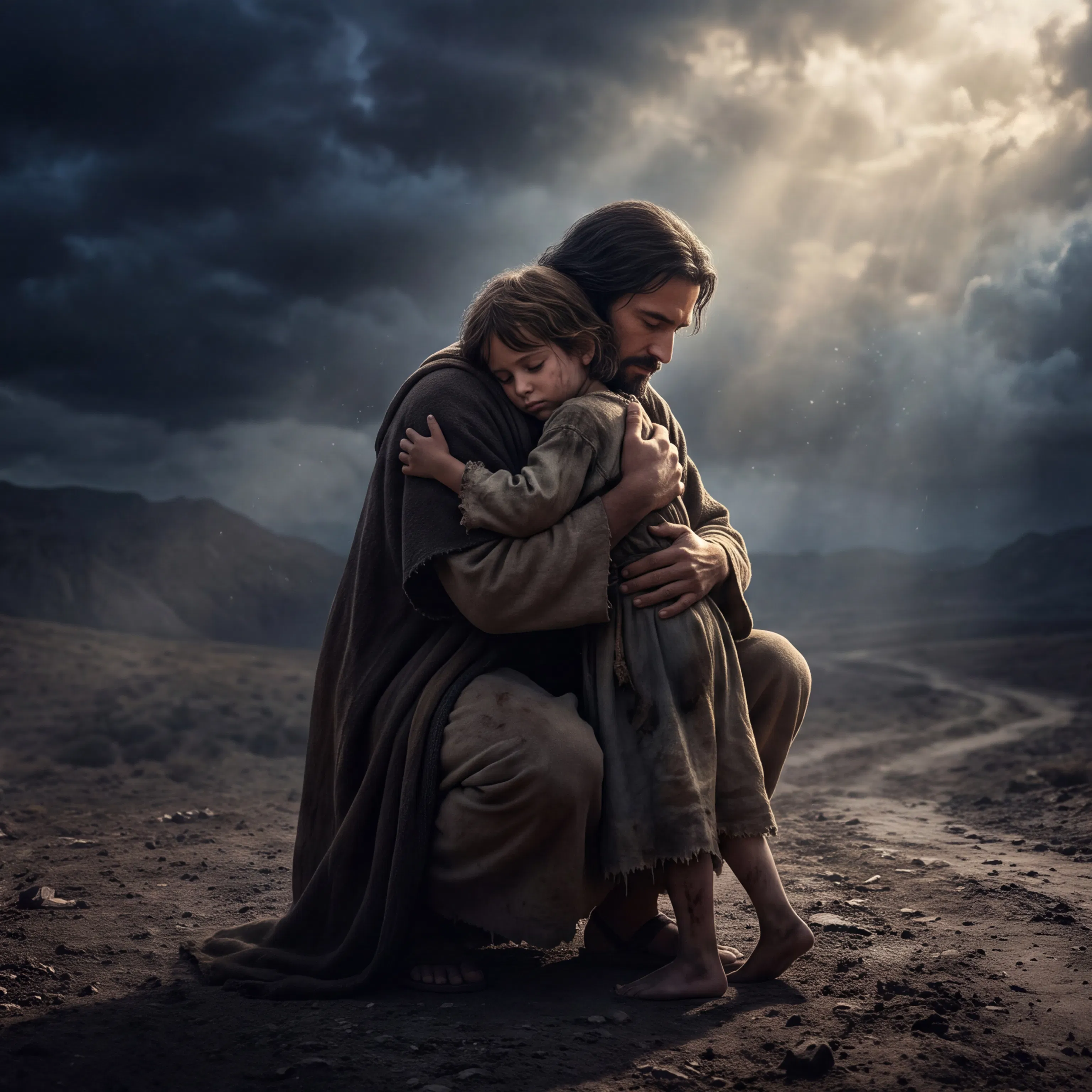 Robed Man Embraces Barefoot Child on Barren Road