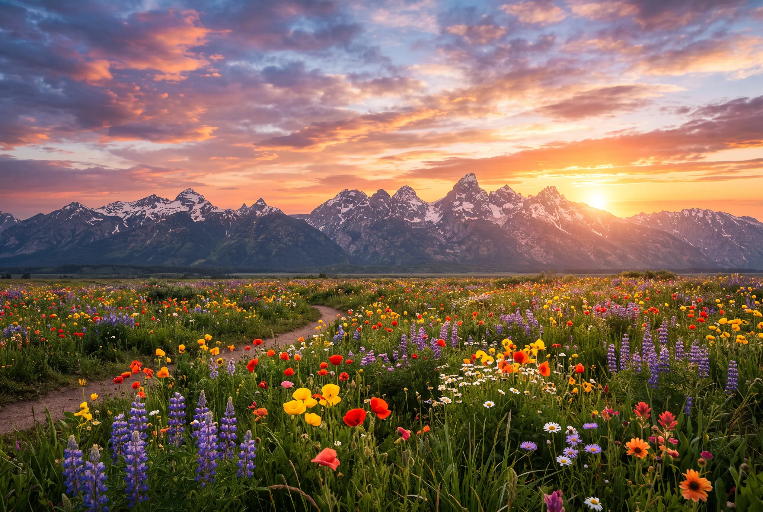 Sunset over Mountains and a Field of Flowers