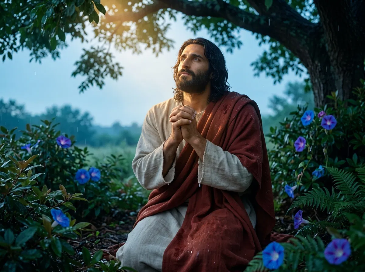 Jesus Praying at Dawn Among Flowers