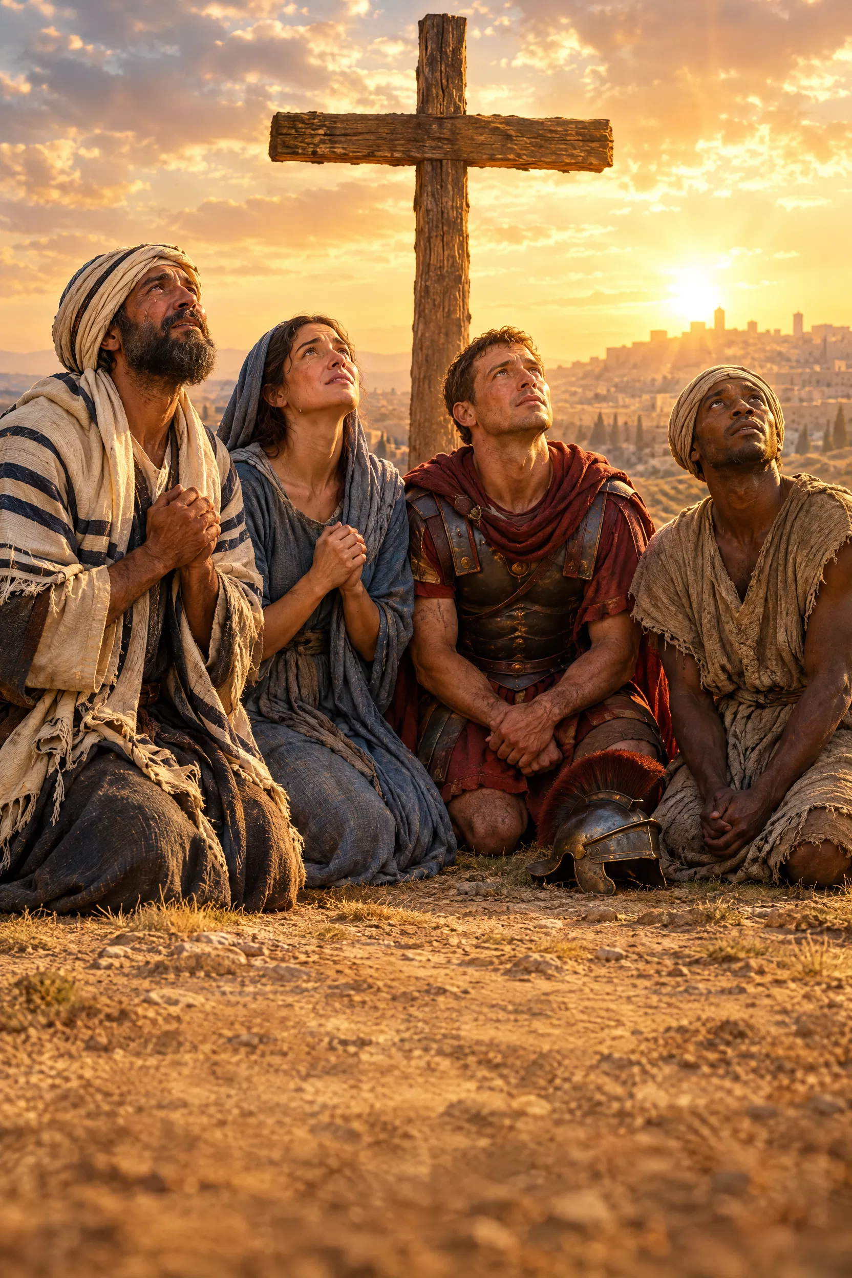Four Kneeling Worshippers Before the Empty Cross