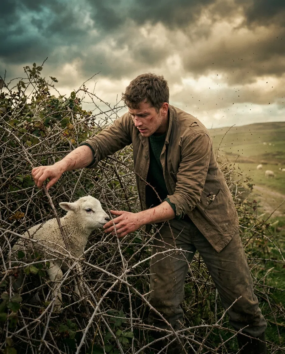 Shepherd Reaches Into Briars to Rescue a Lamb