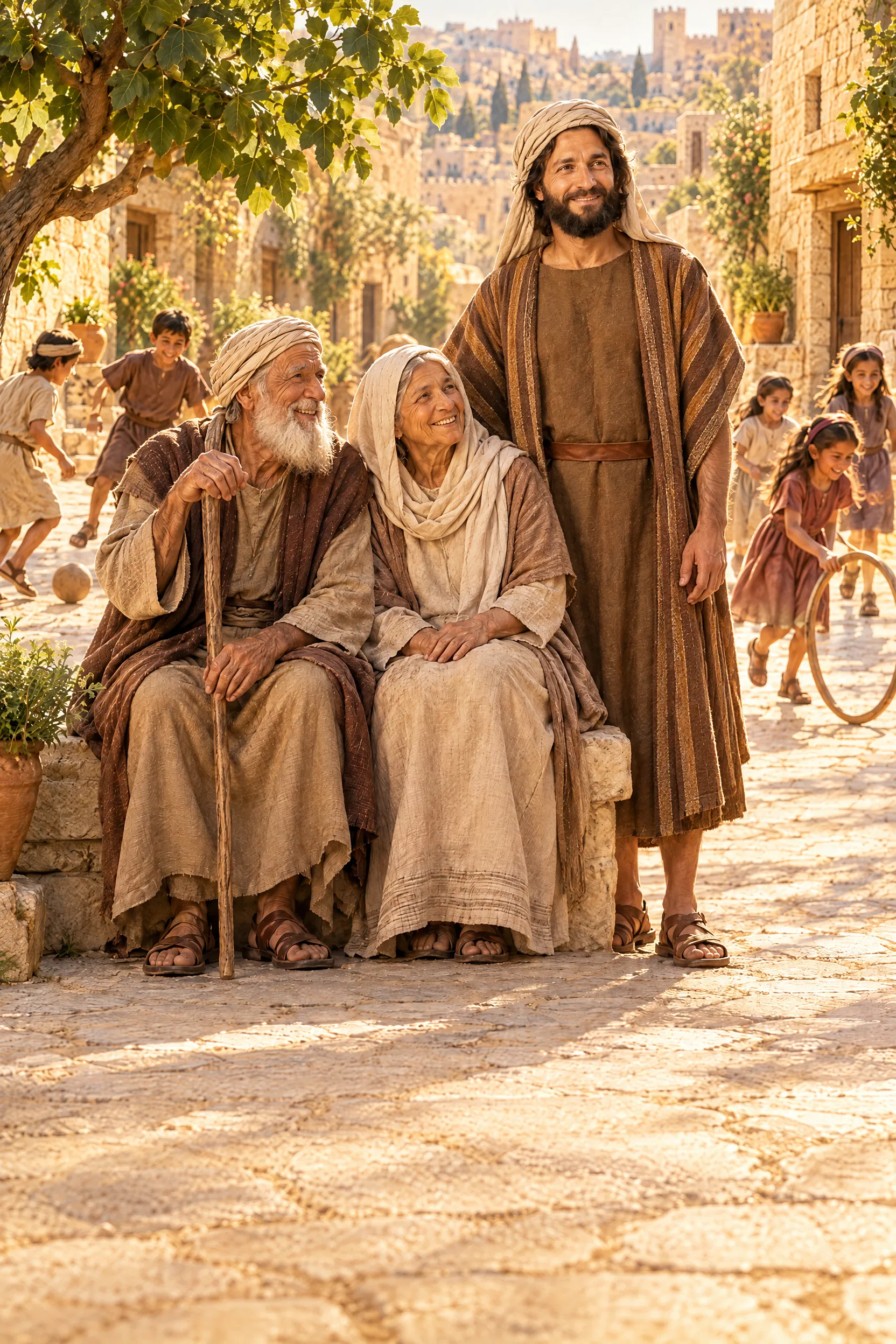 Elderly Couple and Playing Children in Jerusalem's Streets