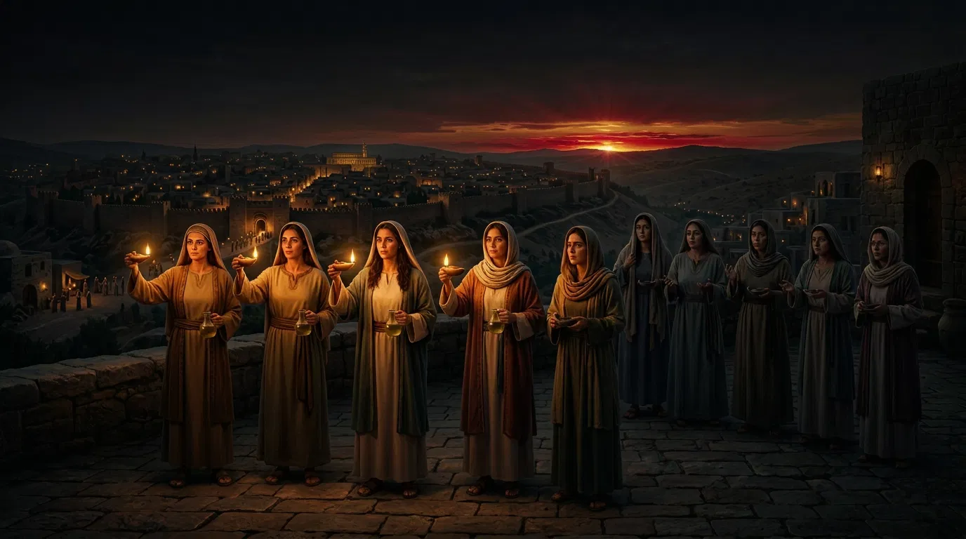 Ten Virgins Waiting with Lamps at Dusk