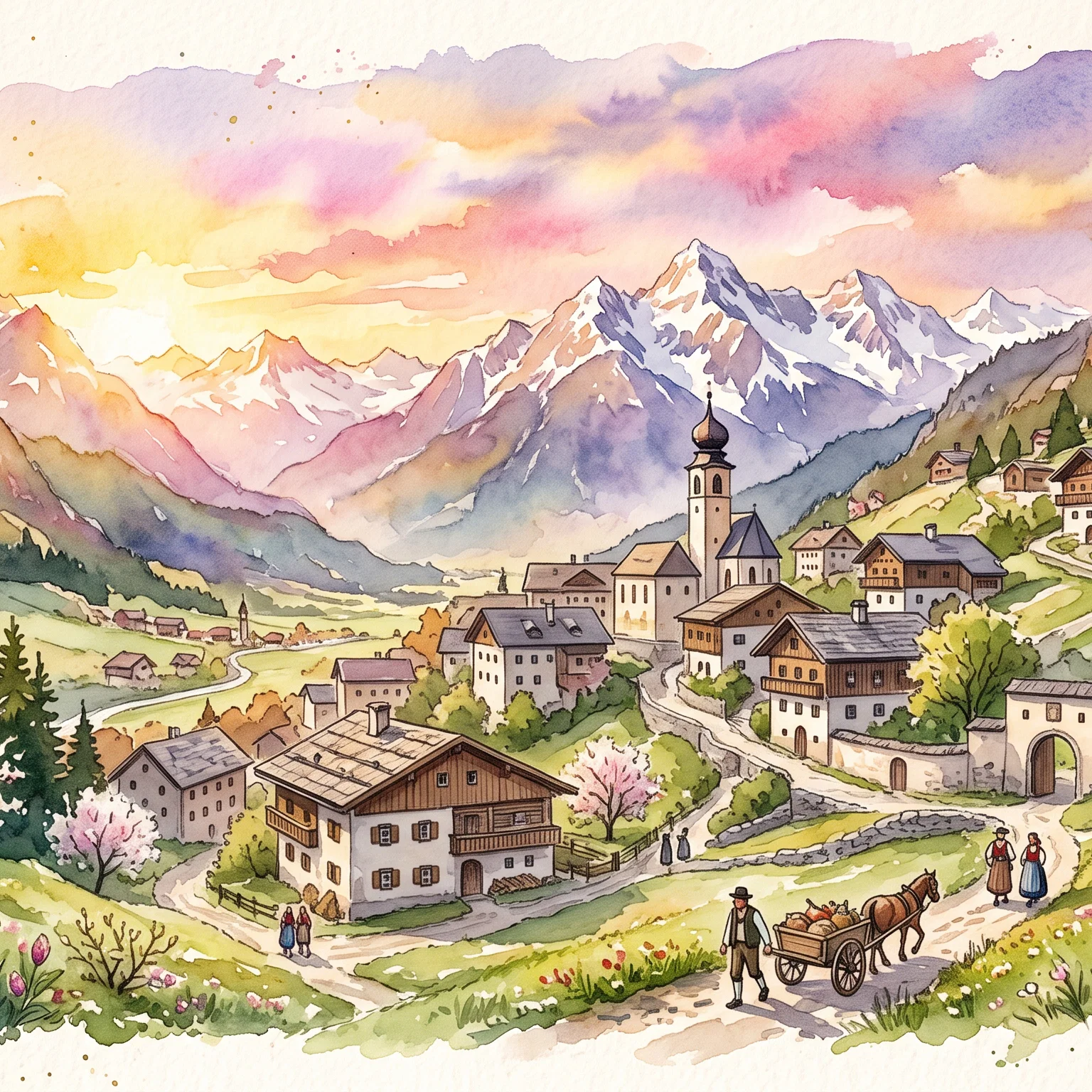 Golden Twilight Over Alpine Village