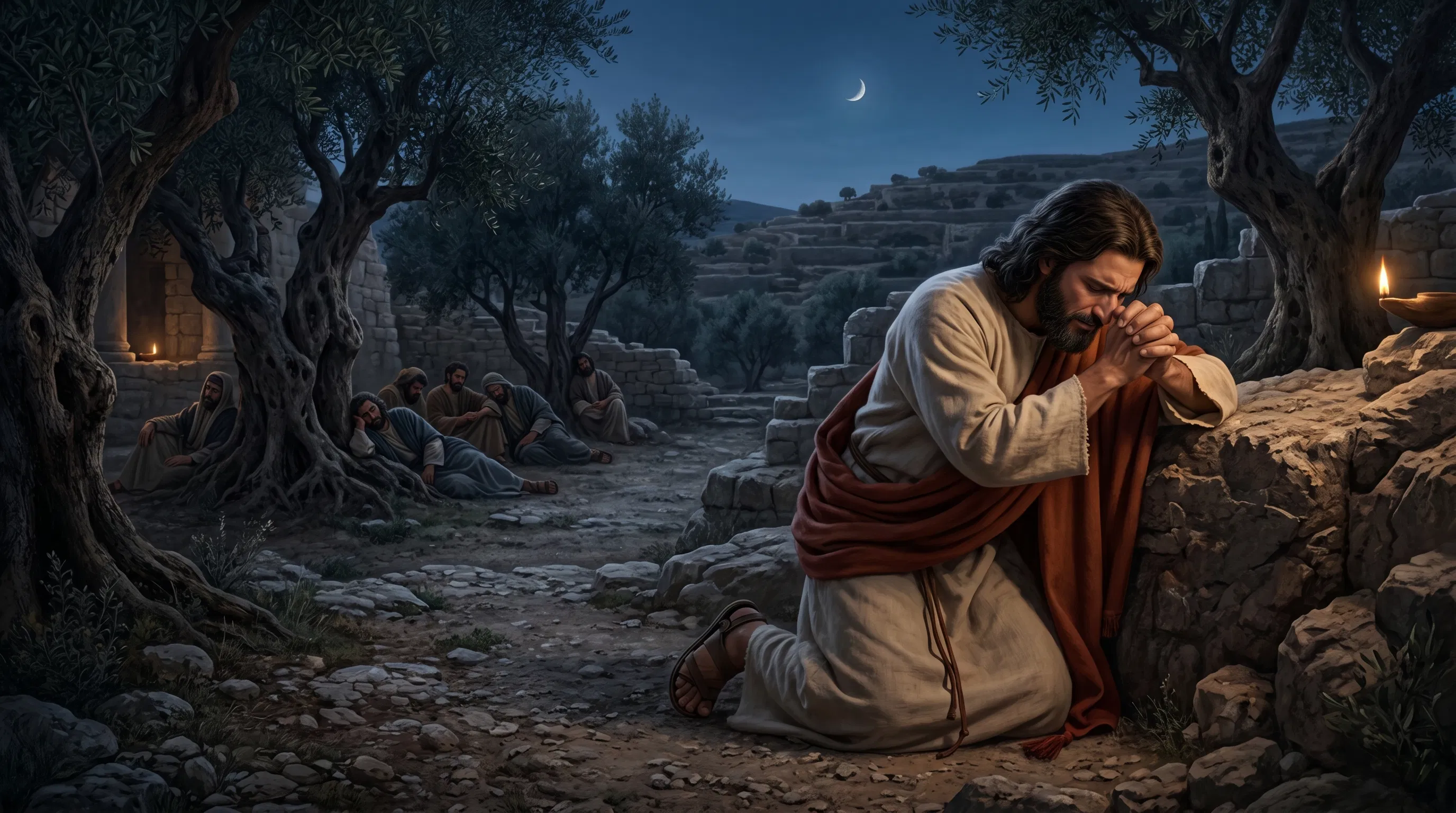 Jesus Kneels in Prayer at Gethsemane