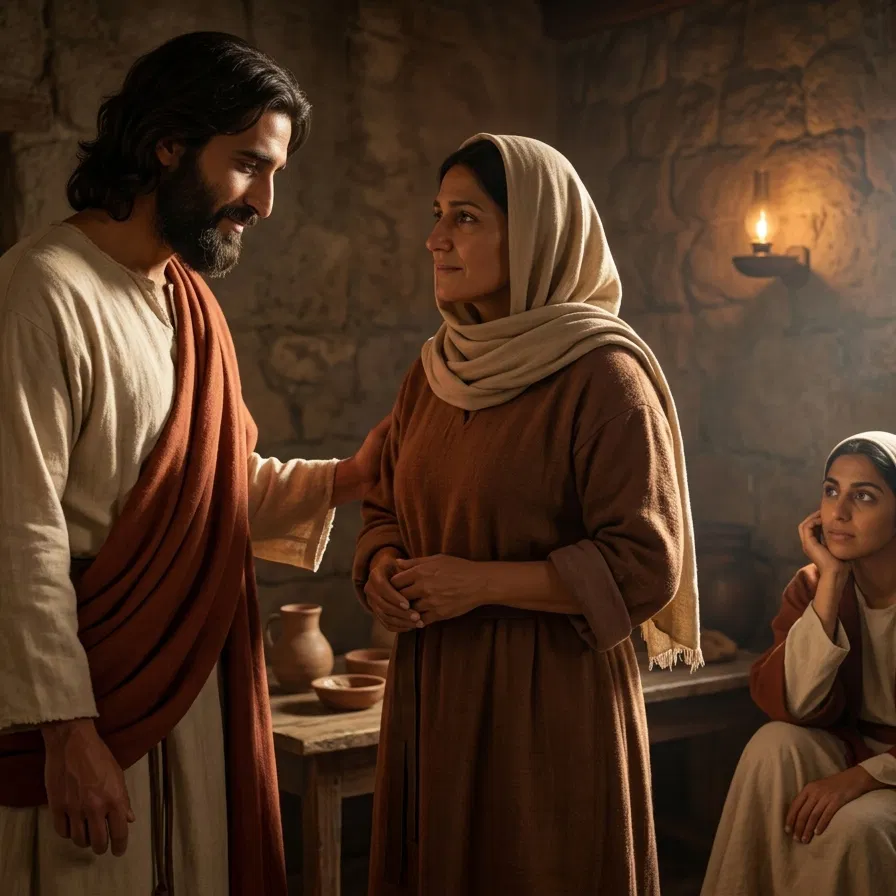 Jesus Speaks Gently to Martha While Mary Listens