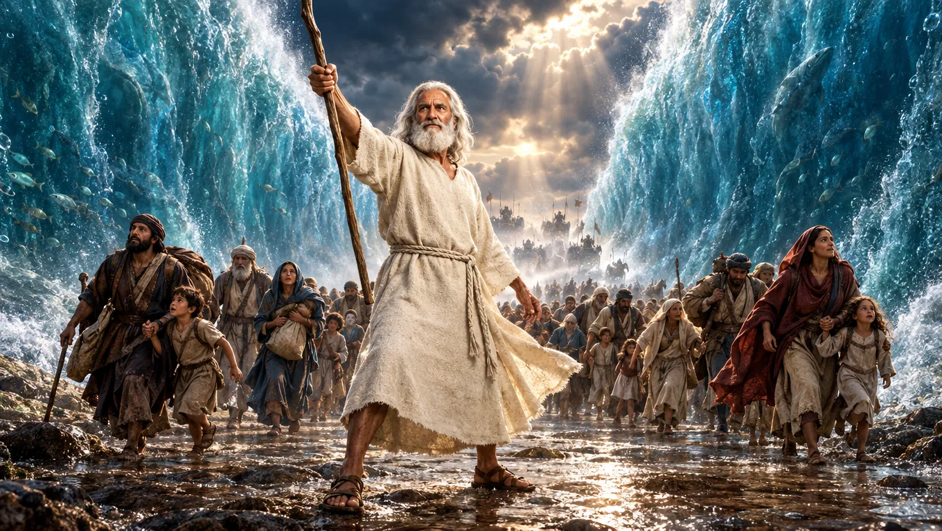 Moses Holds His Staff as Israel Crosses the Sea