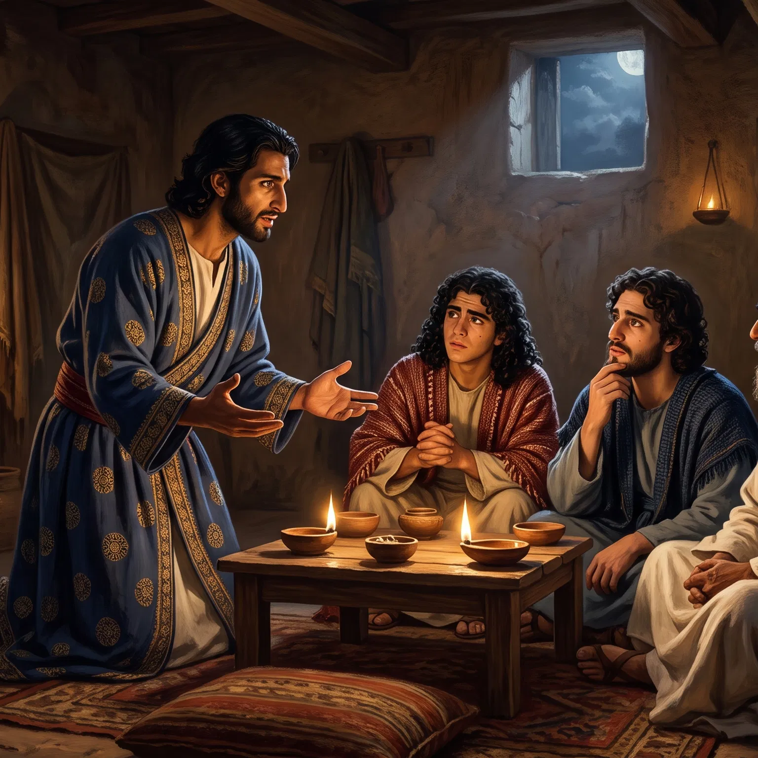 Daniel Speaks With Three Companions in a Candlelit Room