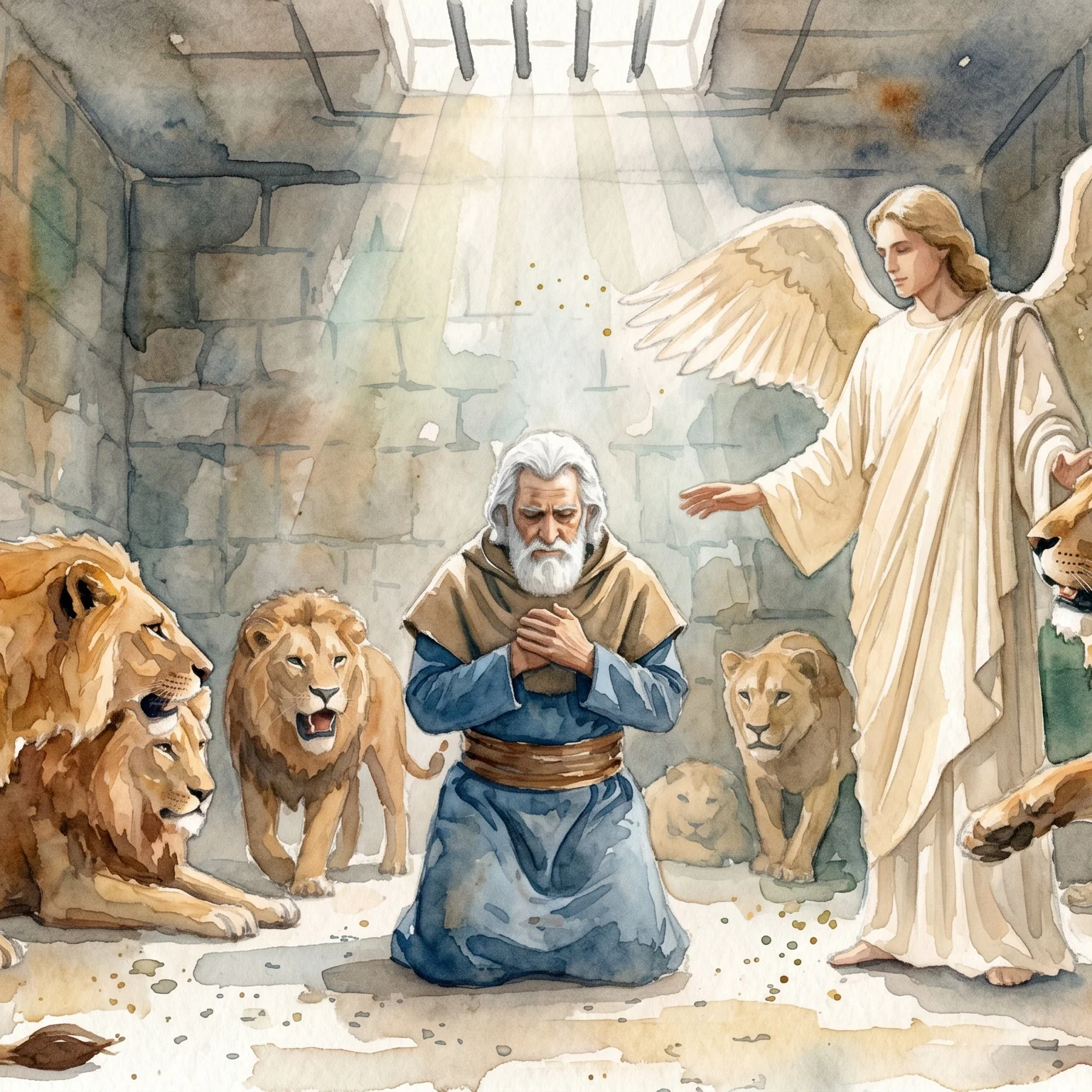 Daniel in the lion's den protected by an angel