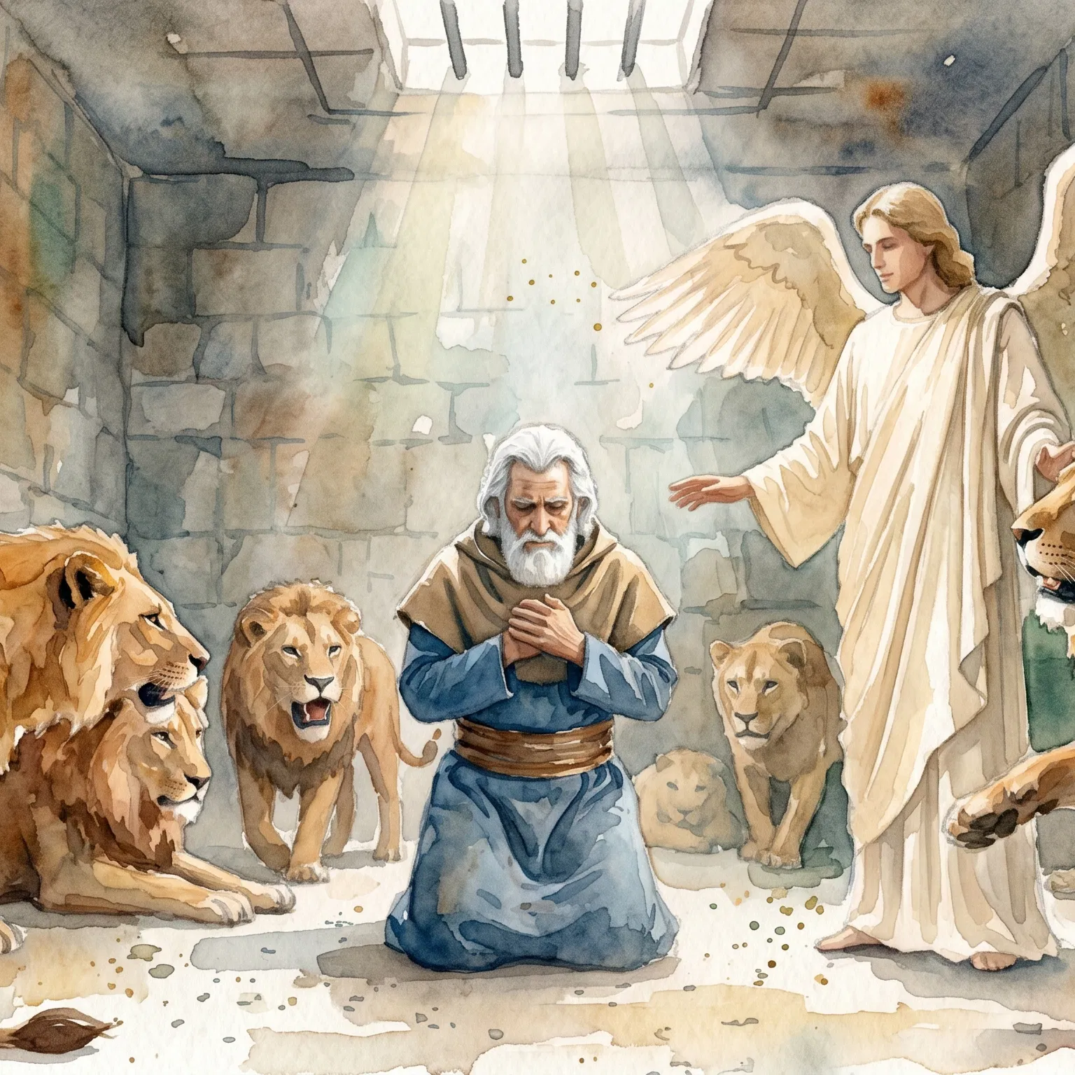 Daniel Kneels Among Lions with an Angel