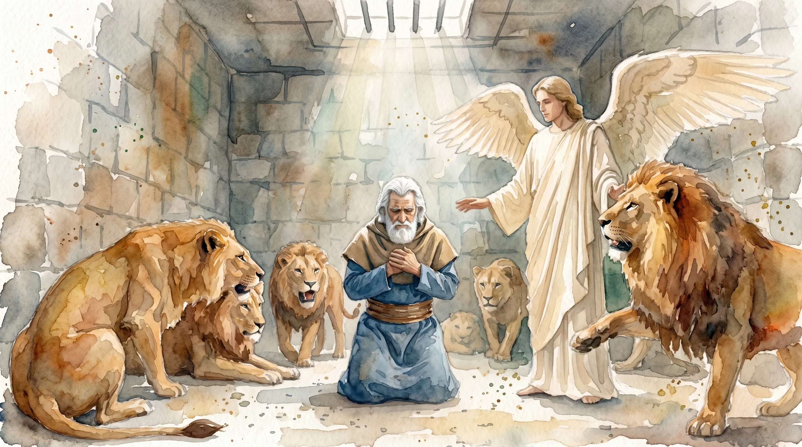 Daniel in the lion's den protected by an angel