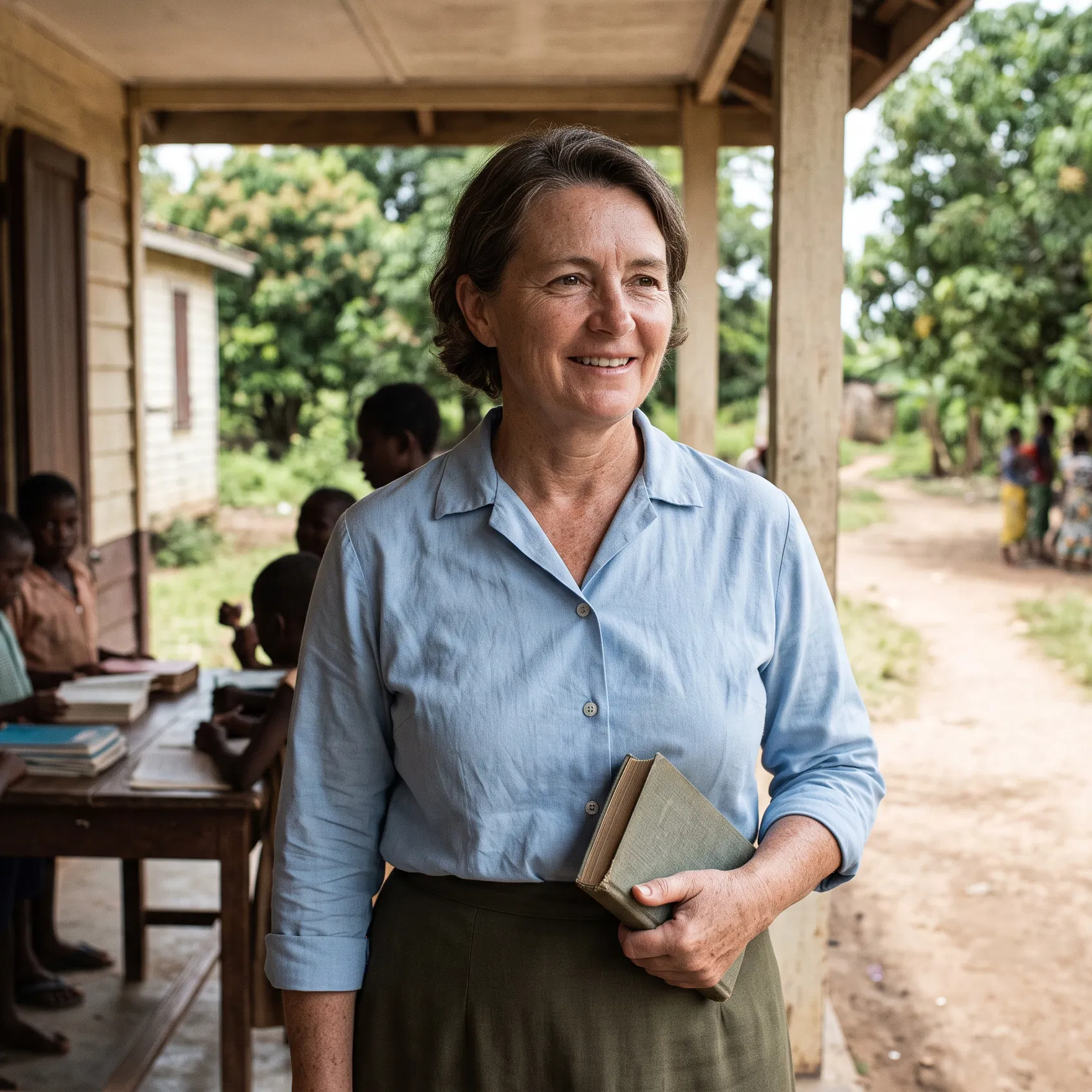 Woman With a Book Beside Children at a Village School