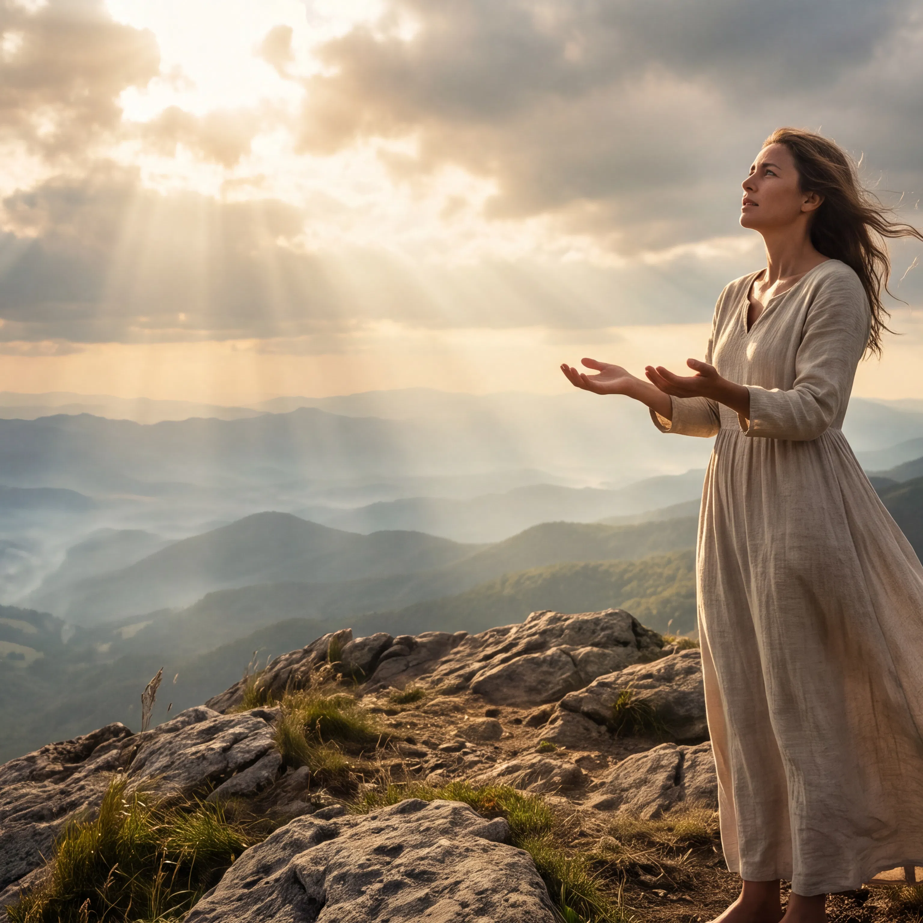 Woman Stands on Mountain Summit With Open Hands