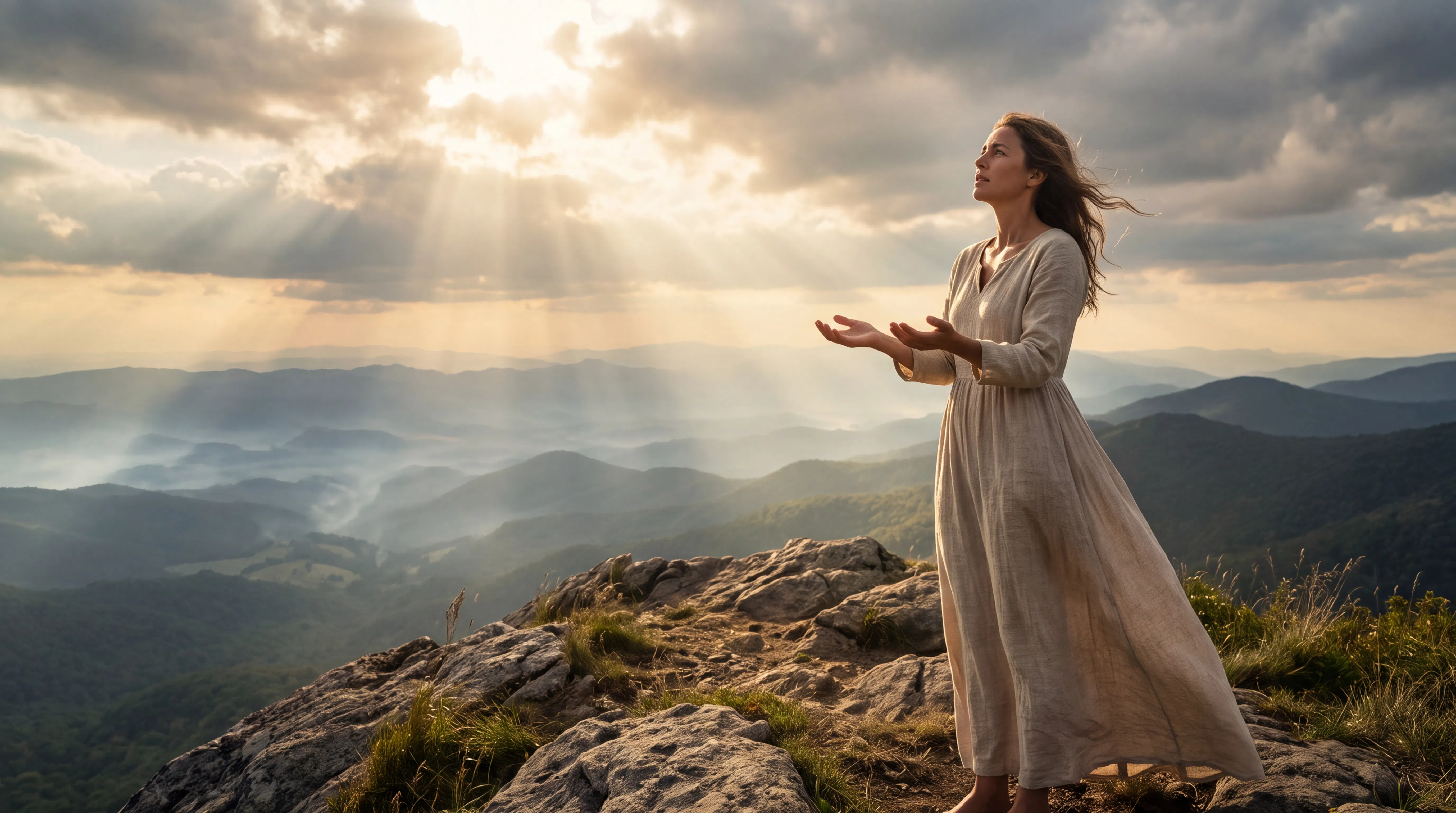 Woman Stands on Mountain Summit With Open Hands