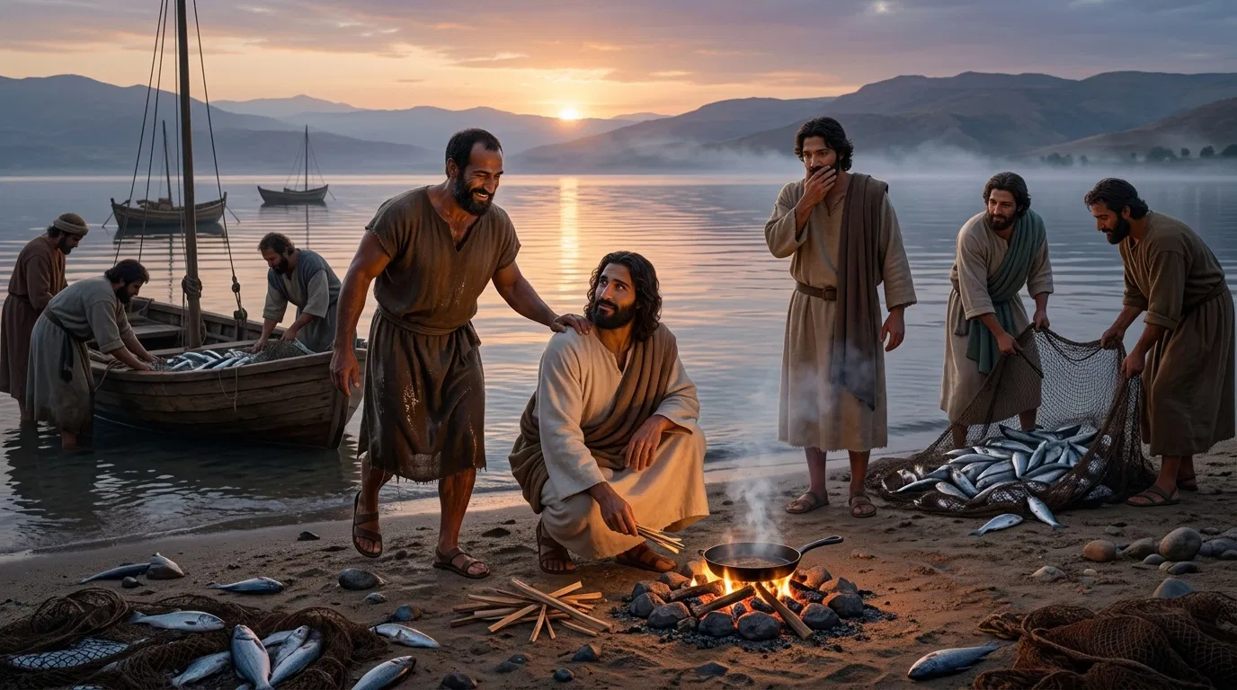 Jesus Cooks Fish on the Shore for His Disciples