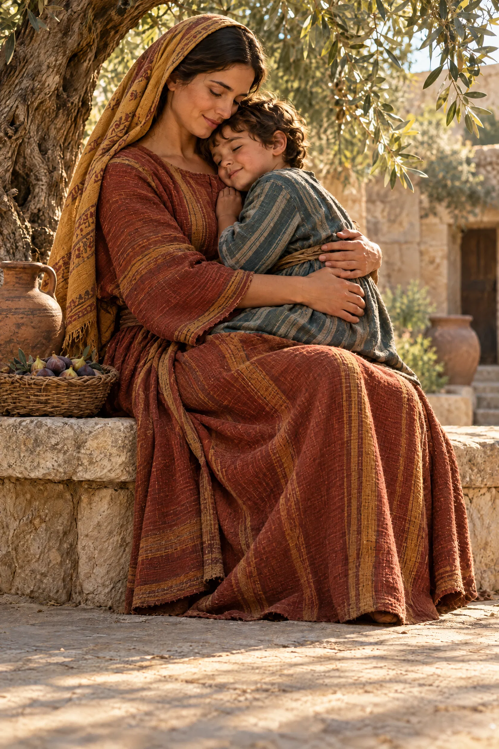 A Mother Holds Her Sleeping Child Under an Olive Tree