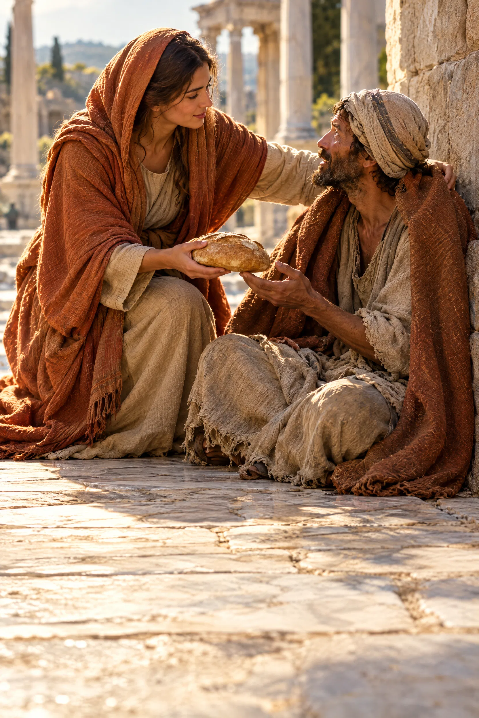 A Woman Gives a Poor Man Bread and Her Cloak
