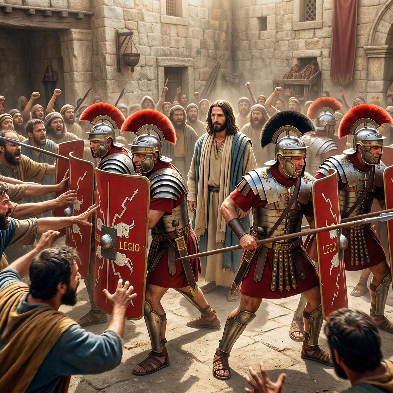 Roman Guard Protecting Jesus from a Rioting Mob