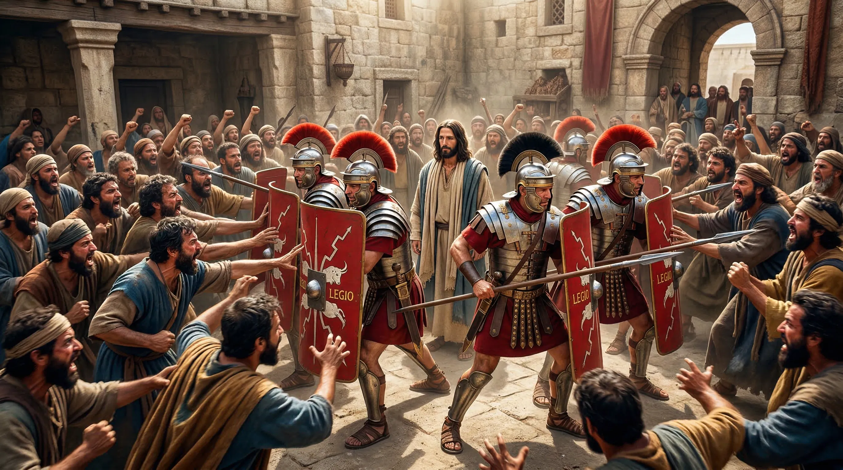Roman Soldiers Hold Back the Mob Around Jesus