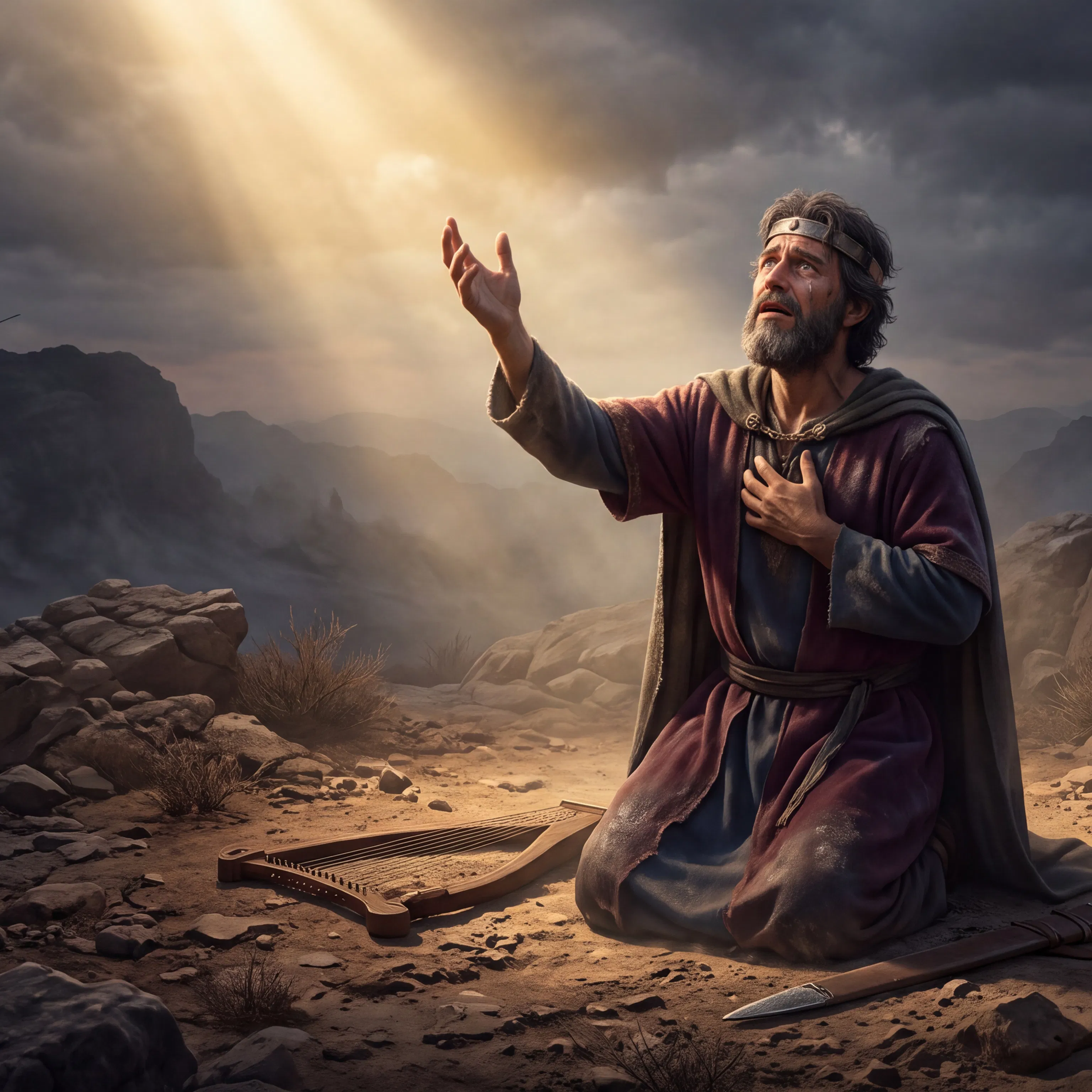 David Kneels in Prayer in the Wilderness