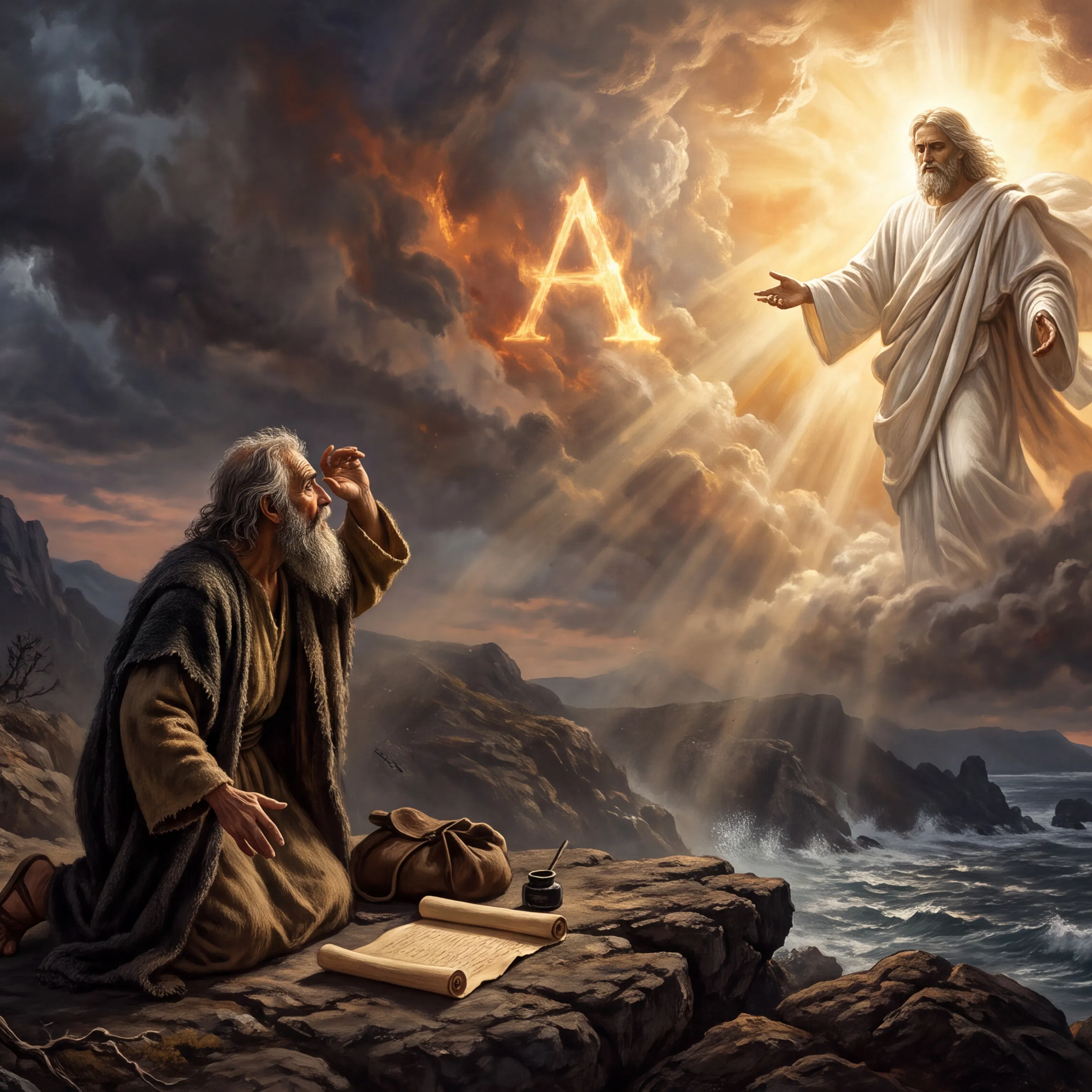 John on Patmos Sees Christ with Alpha and Omega