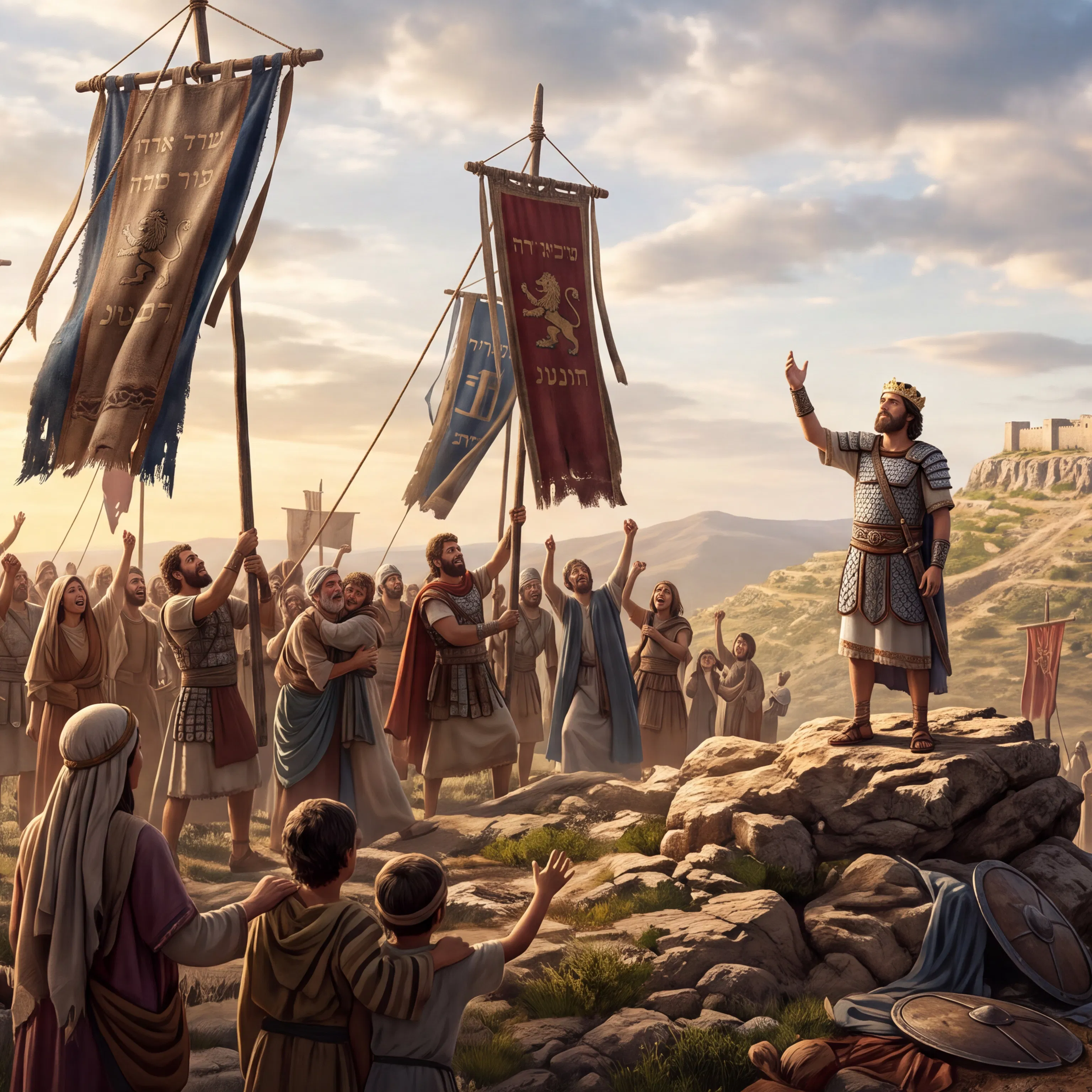 King David Addresses Rejoicing Israelites Beneath Tribal Banners