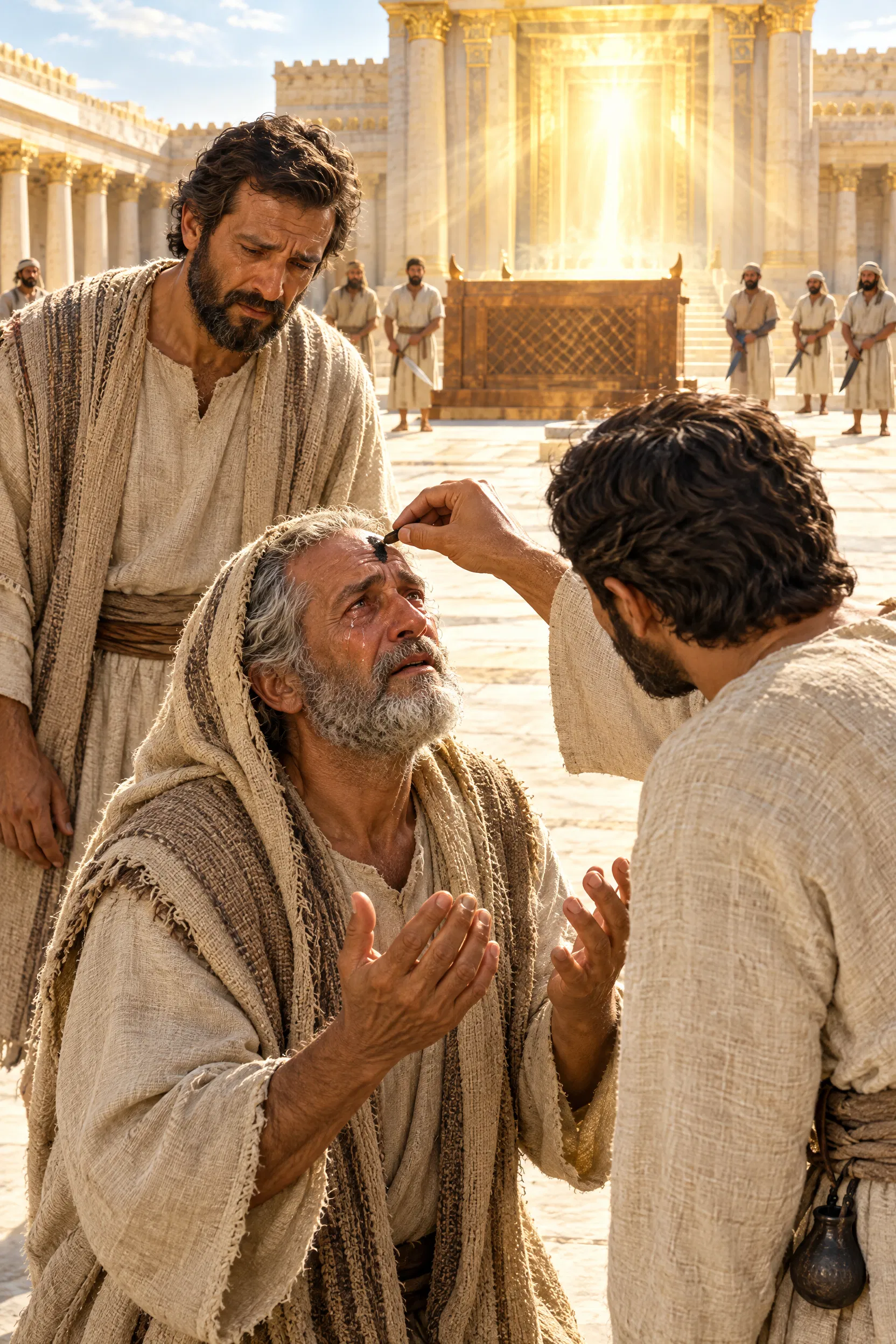 Man With Inkhorn Marks a Weeping Elder's Forehead