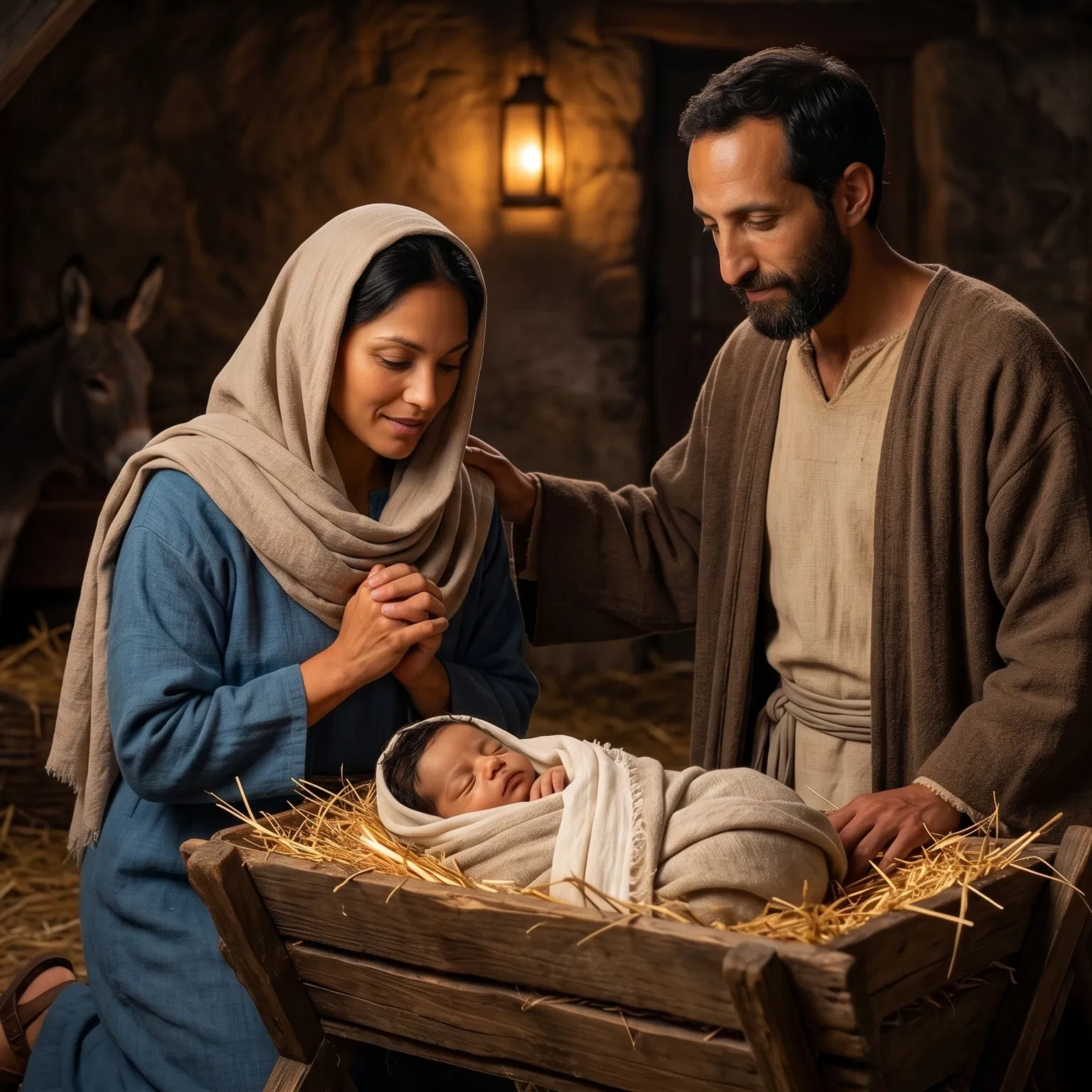 Mary and Joseph Beside the Baby Jesus in the Manger
