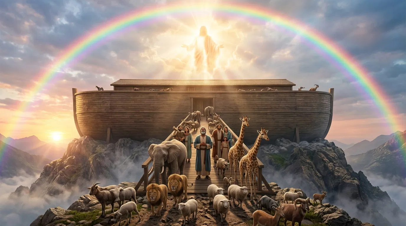 Noah and Family Leave the Ark Under the Rainbow