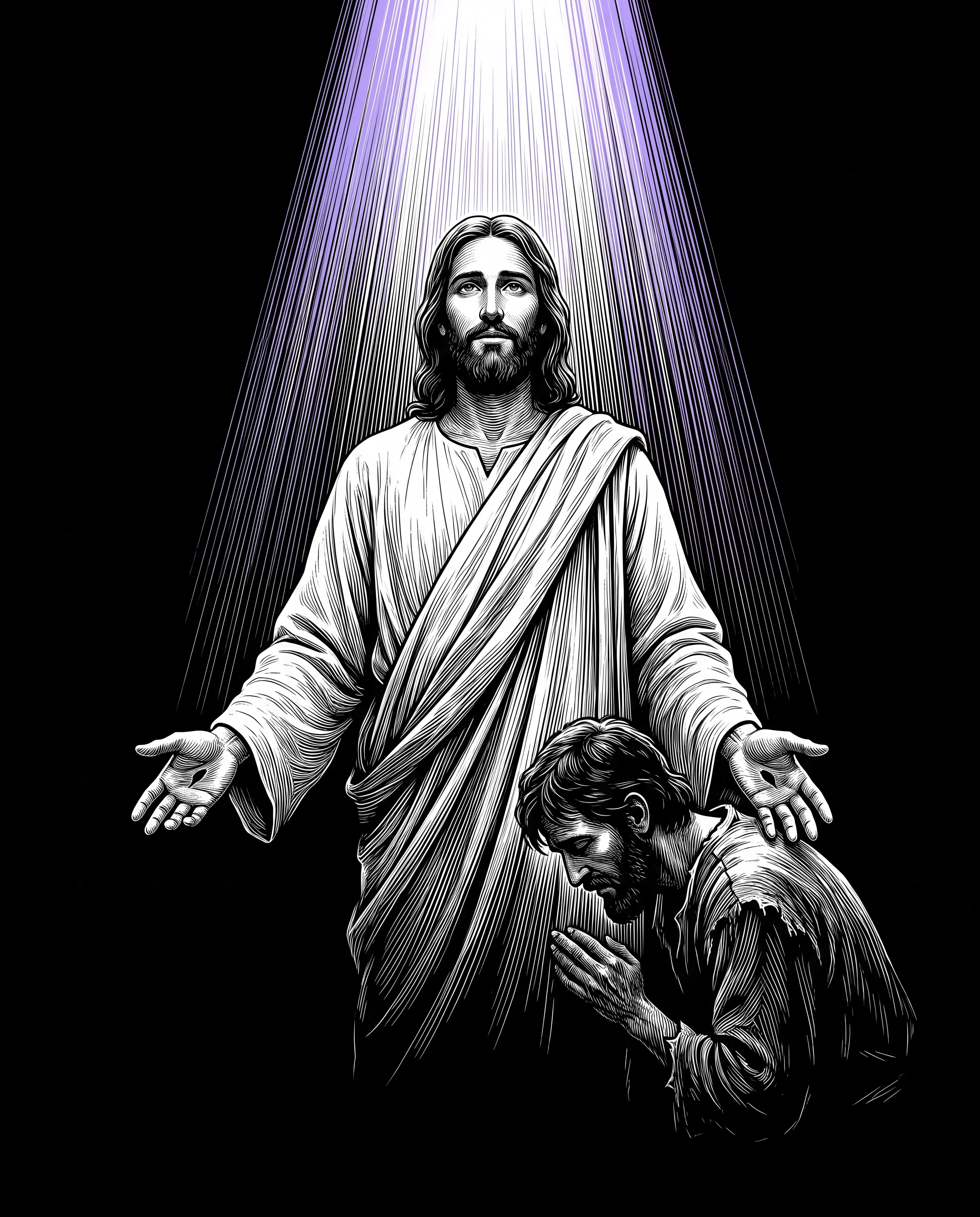 Jesus Reaching Out to a Kneeling Man Under Light