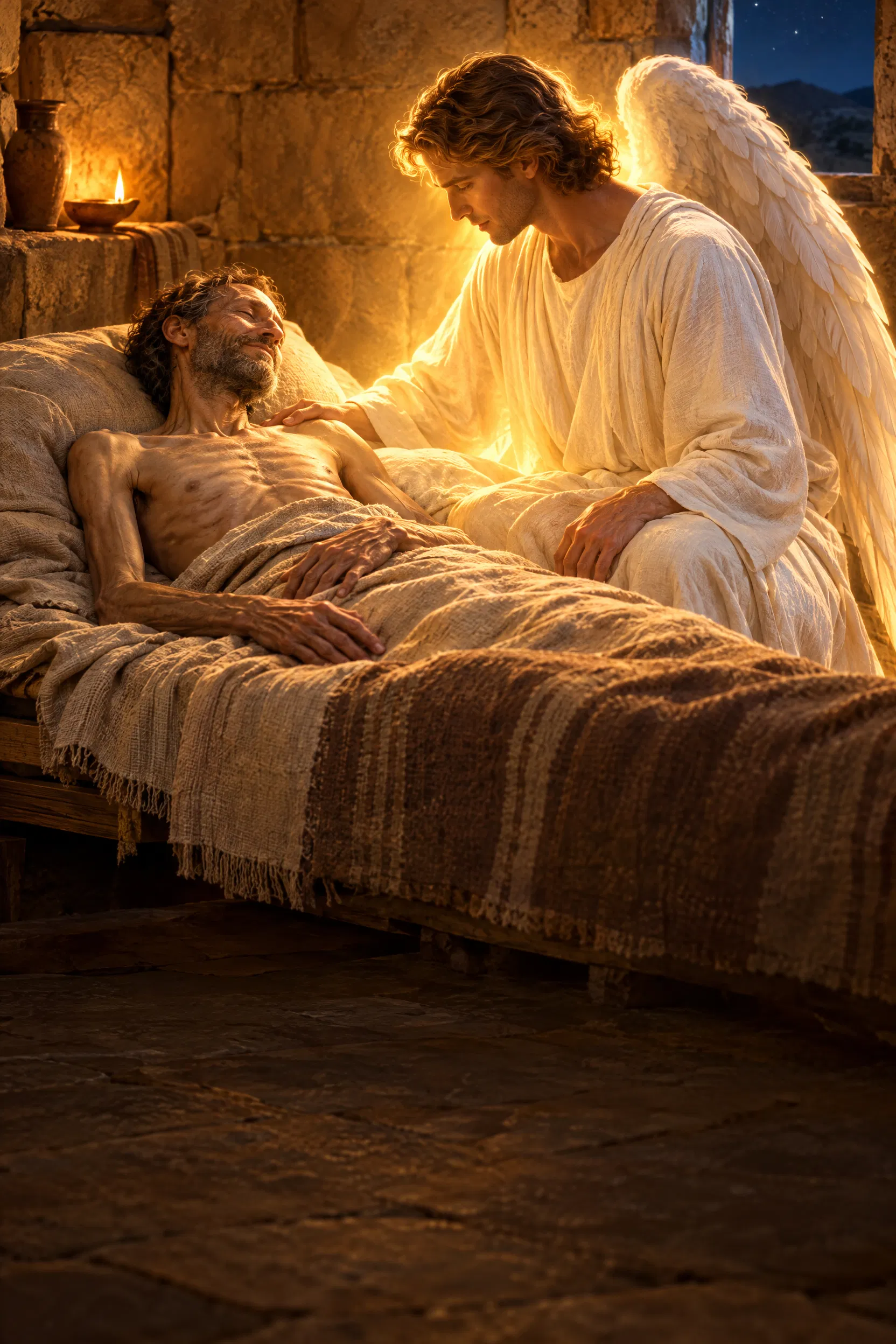 An Angel Kneels Beside a Sick Man in the Night