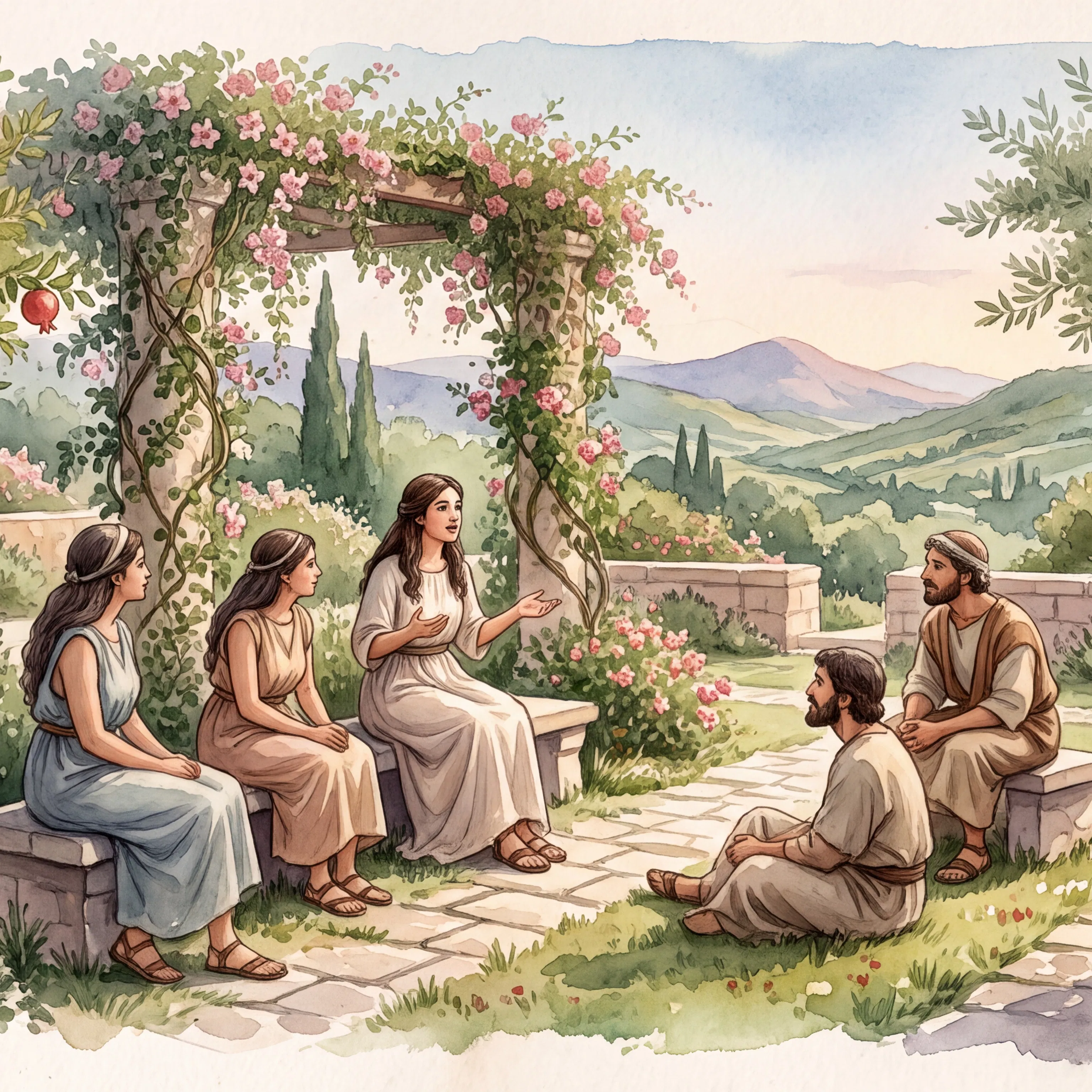 Women and Men Gathered in a Garden with Pomegranates