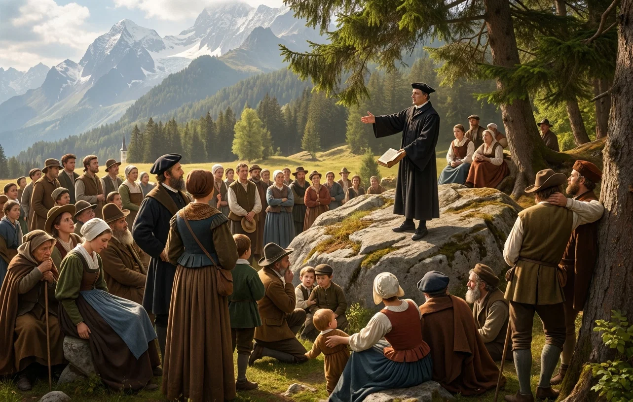 SWISS REFORMERS PREACHING IN THE FIELDS.