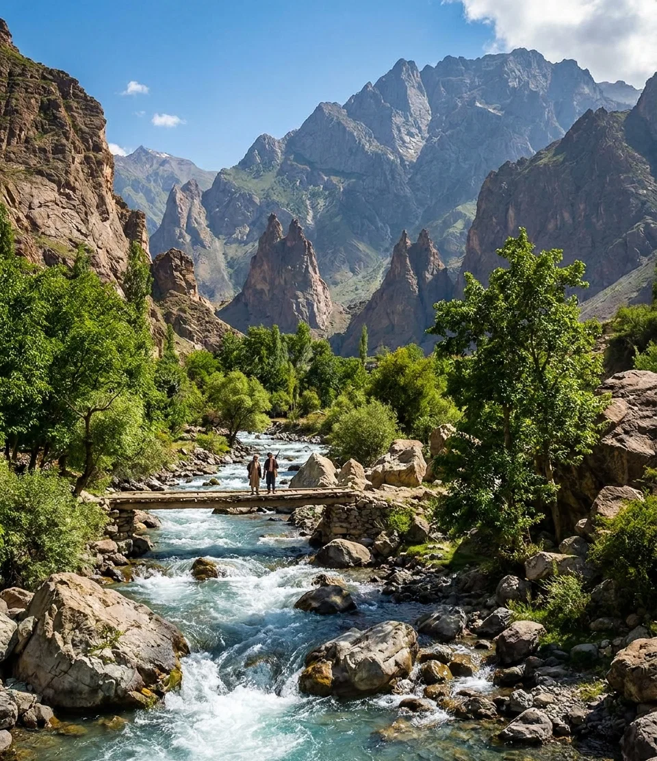 A dramatic mountain valley stretches into the distance, enclosed by steep, jagged cliffs and sharp rocky peaks. Snowy or cloud-covered mountains rise behind the nearer crags, while scattered trees and dense vegetation frame the scene. In the foreground, a rushing stream or waterfall flows over rocks beneath a rustic wooden footbridge. Several small figures appear near the bridge and along the valley path, emphasizing the vast scale of the rugged landscape. No readable text or lettering is visible within the image.